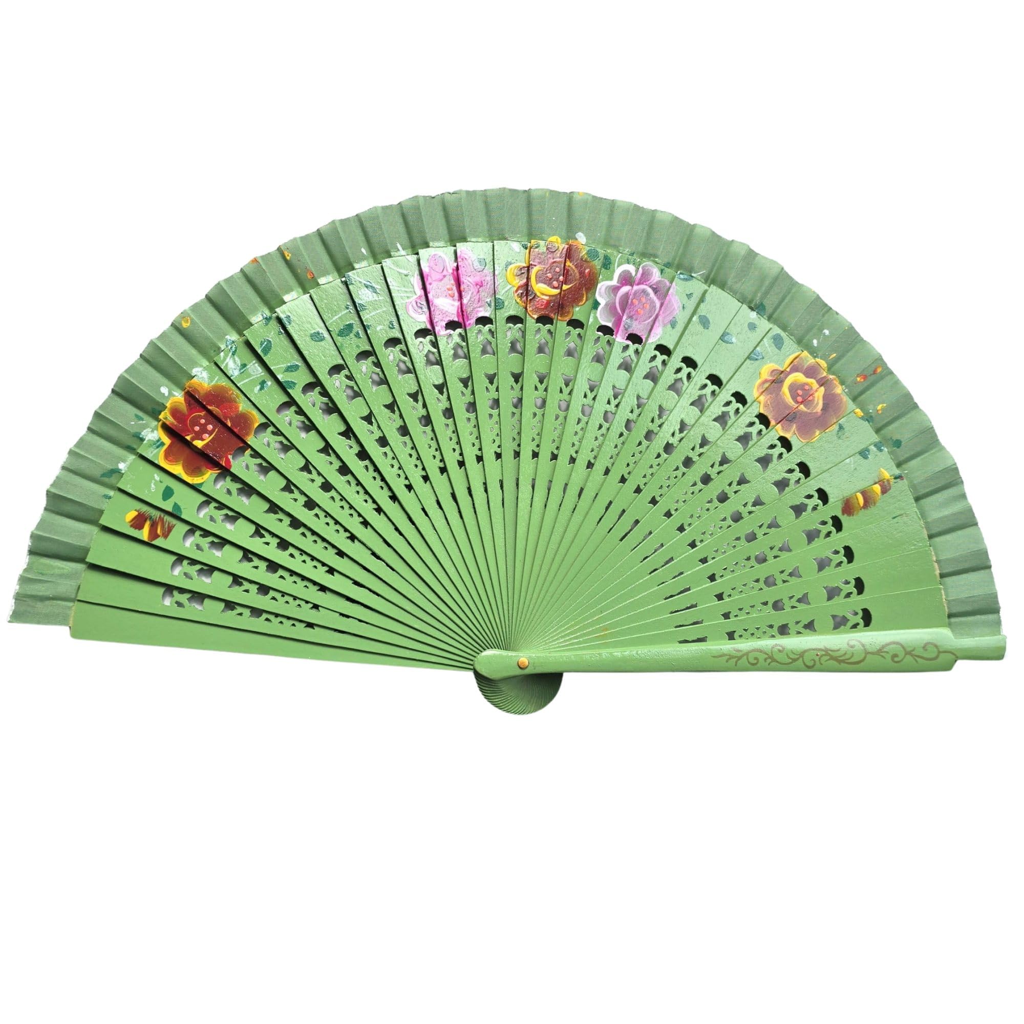 GFM® Spanish Gypsy Hand held Folding Strong Wood Wooden Fan for Summer, Wedding-(OO) (Green)(SPFAN6-C-06-HLHR)