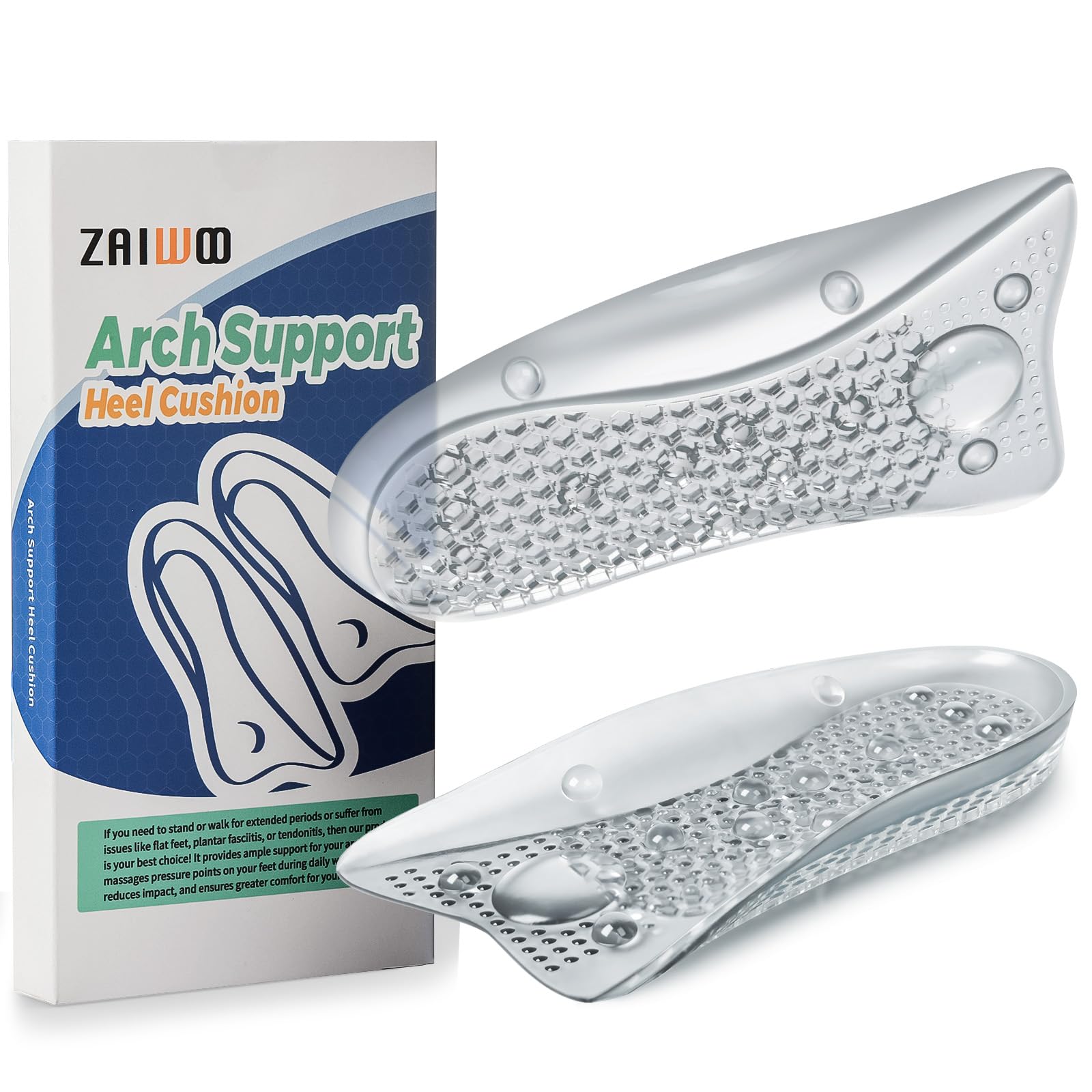 Heel and Arch All Day Pain Relief Gel Massage Insoles, 3/4 Length for Men and Women, 1 Pair(L, Colorless)