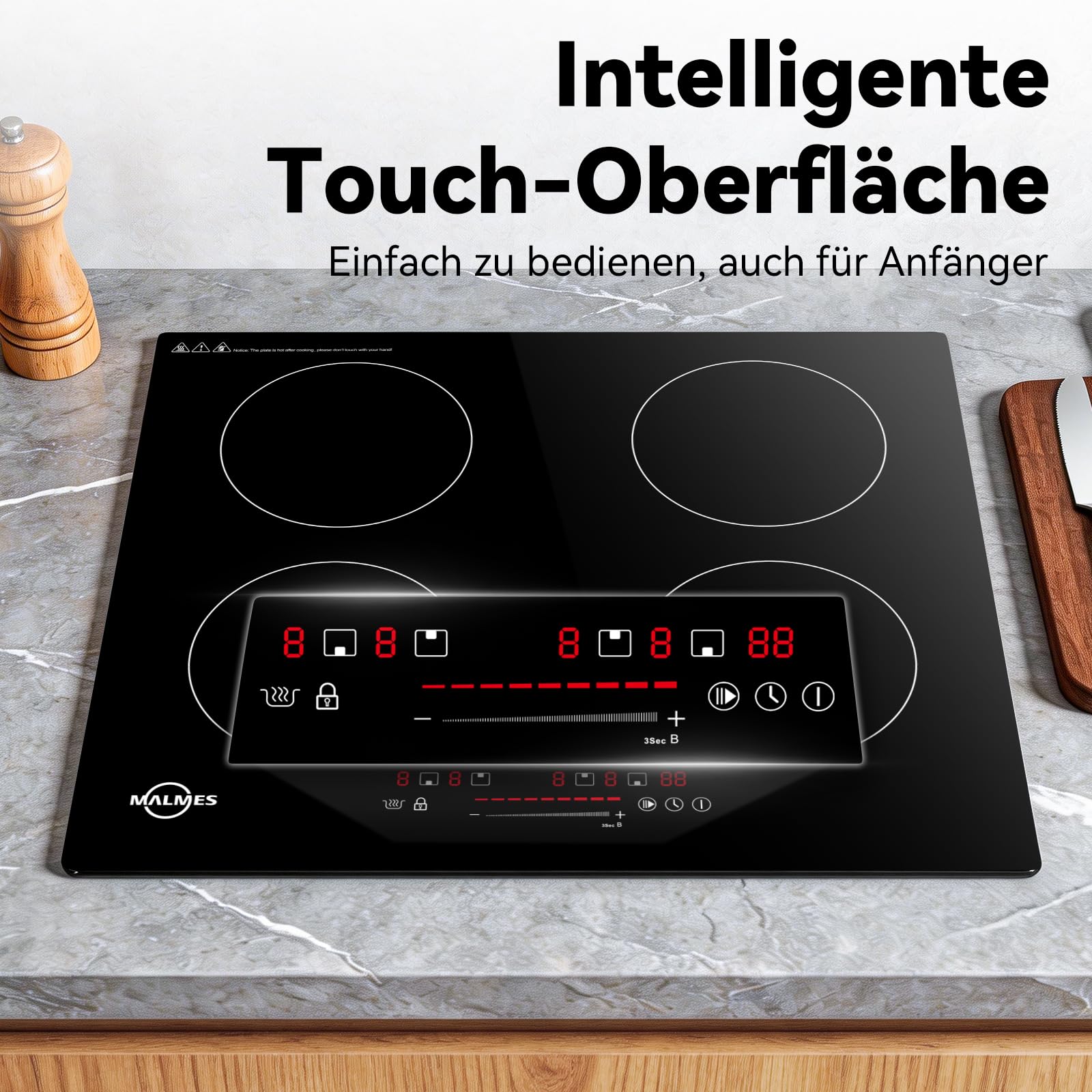 4 Platten Induktionskochfeld 60 cm, 7000W,Einbau Kochfeld Induktion | Power Booster Touch-Bedienung, 9 Leistungsstufen, Sicherheitsschloss, Touch-Bedienung, Zeitschaltuhr, D60474H1