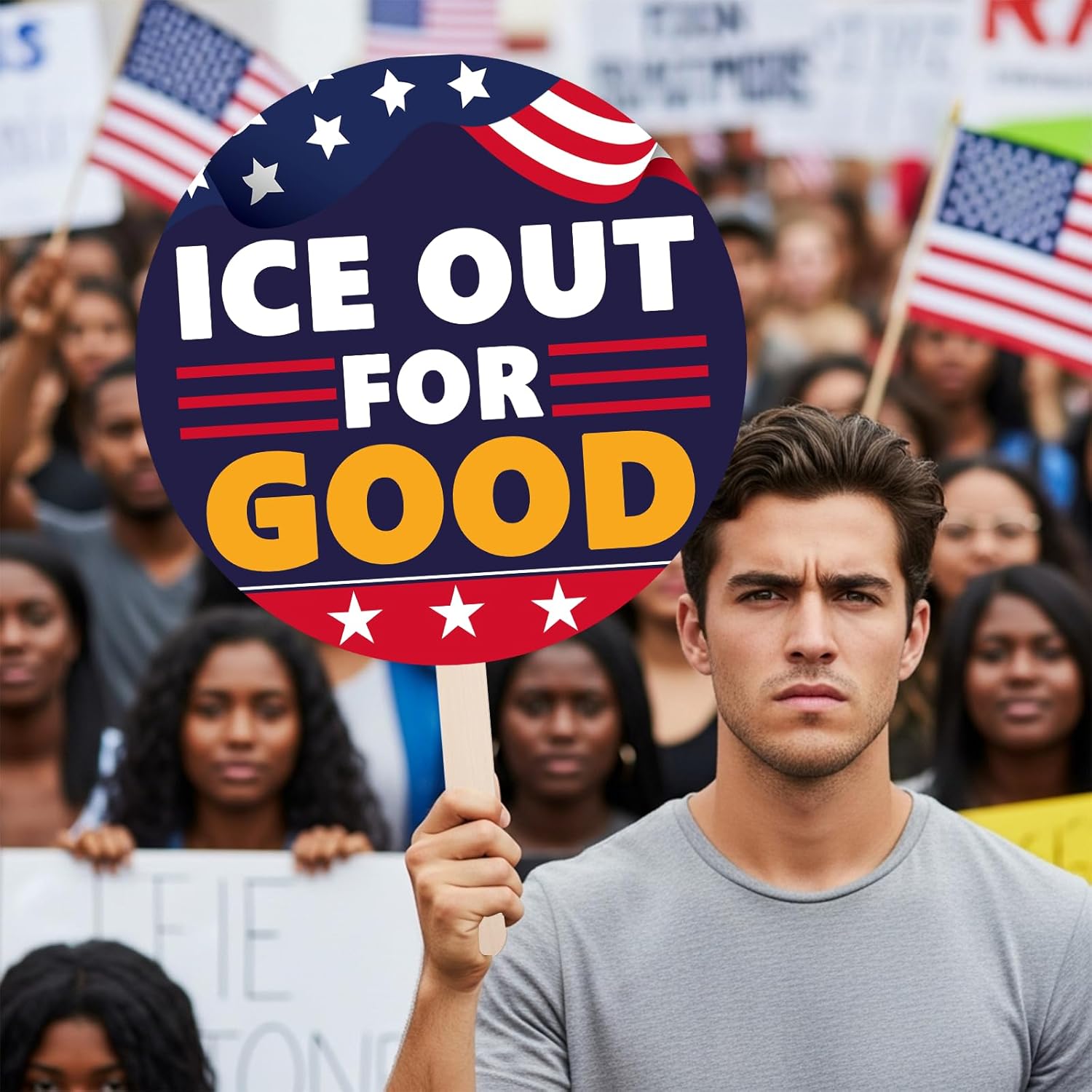 ICE OUT FOR GOOD Protest Sign 24 Inch Round, Handheld Sign with Stick, Waterproof Rally Poster for March, Demonstration, Public Gathering Corrugated Plastic