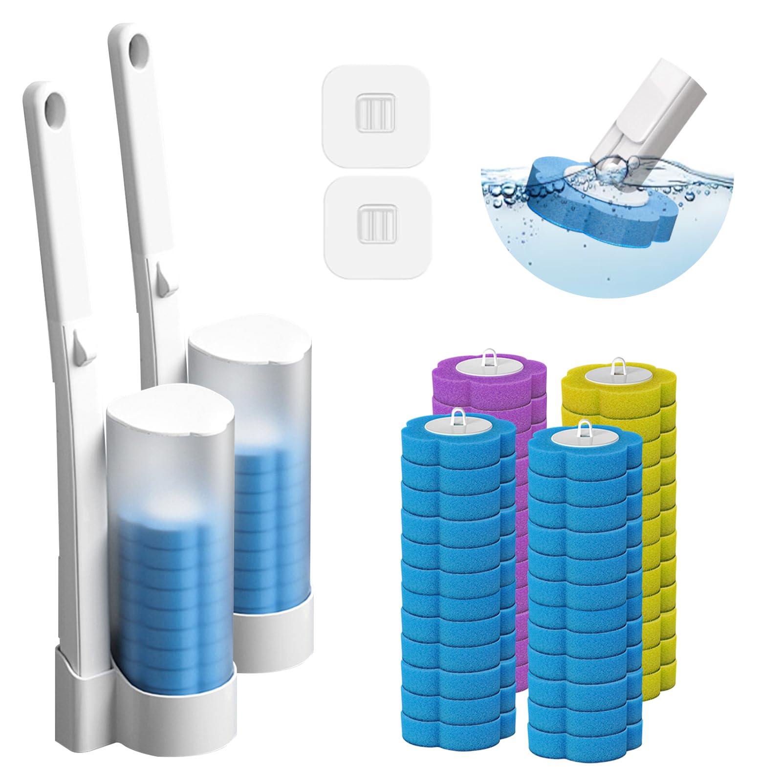 2 Pack Disposable Toilet Brush & Holders Set with 48pcs Cleaner Refills Scented Pads Wall Mounted white Plastic Long Handled Bathroom Toilet Brush with Disposable Head