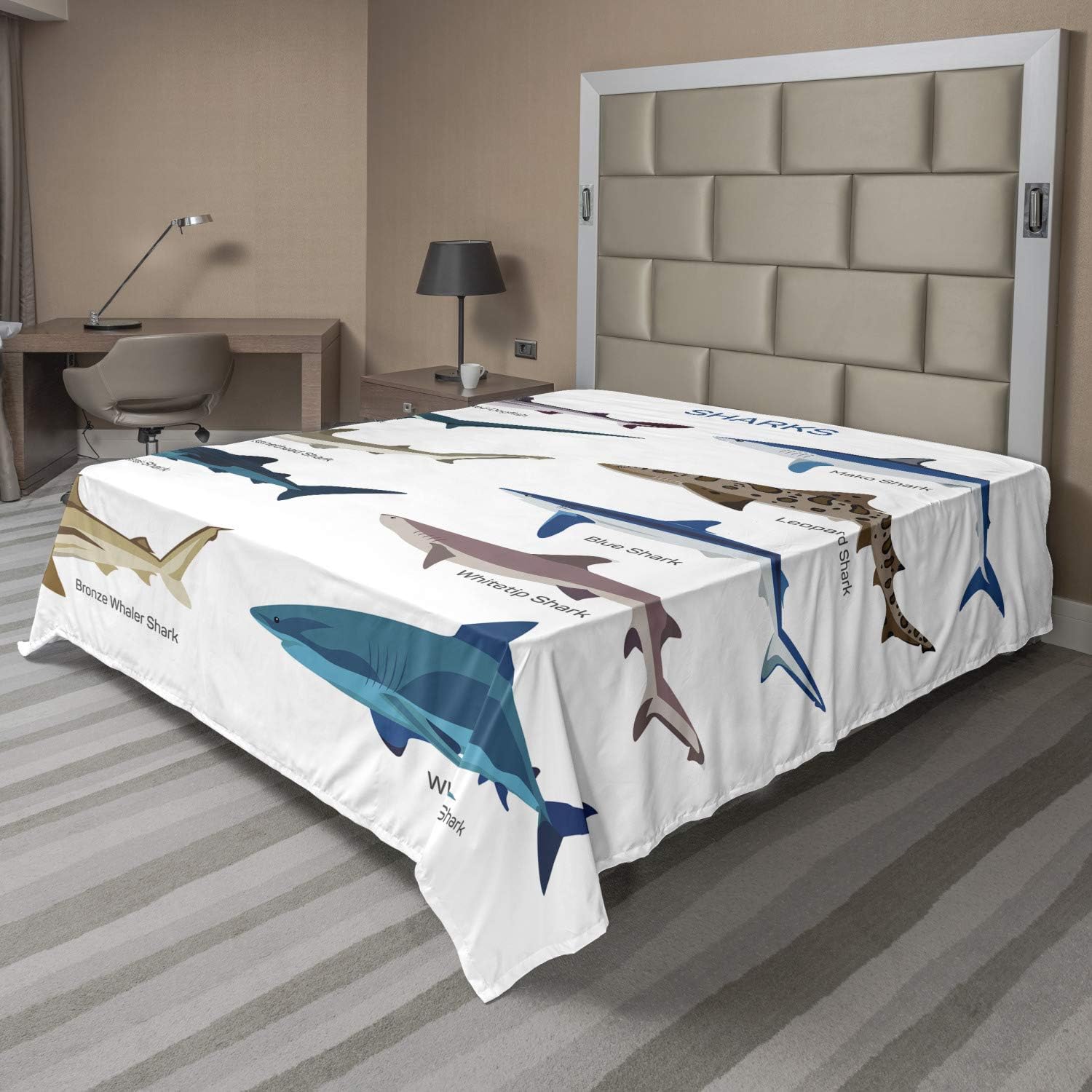 Ambesonne Shark Flat Sheet, Types of Sharks Pattern Whaler Piked Dogfish Whlae Shark Maritime Design Nautical, Soft Comfortable Top Sheet Decorative Bedding 1 Piece, Queen Size, Blue Tan