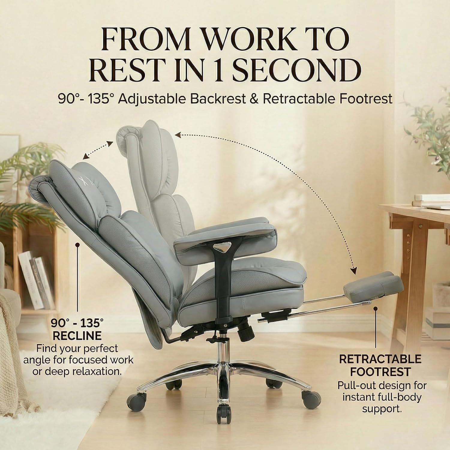 Efomao Big & Tall Desk Chair, Wide Executive Office Chair with Footrest Grey
