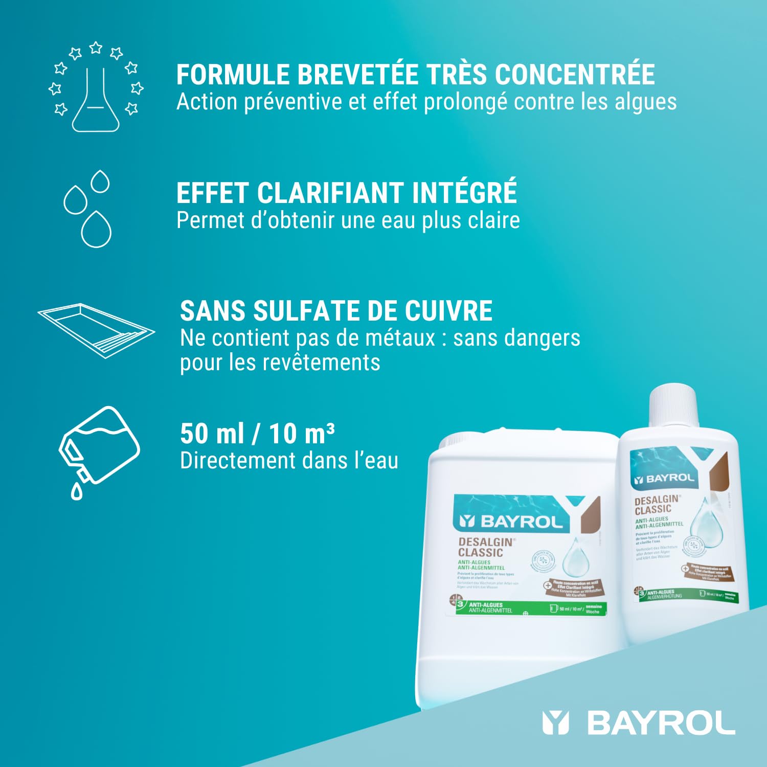 BAYROL Desalgin® Classic 3 L - Anti Algue Piscine Concentré - Algicide Piscine sans Sulfate de Cuivre - Eau Verte et Algues