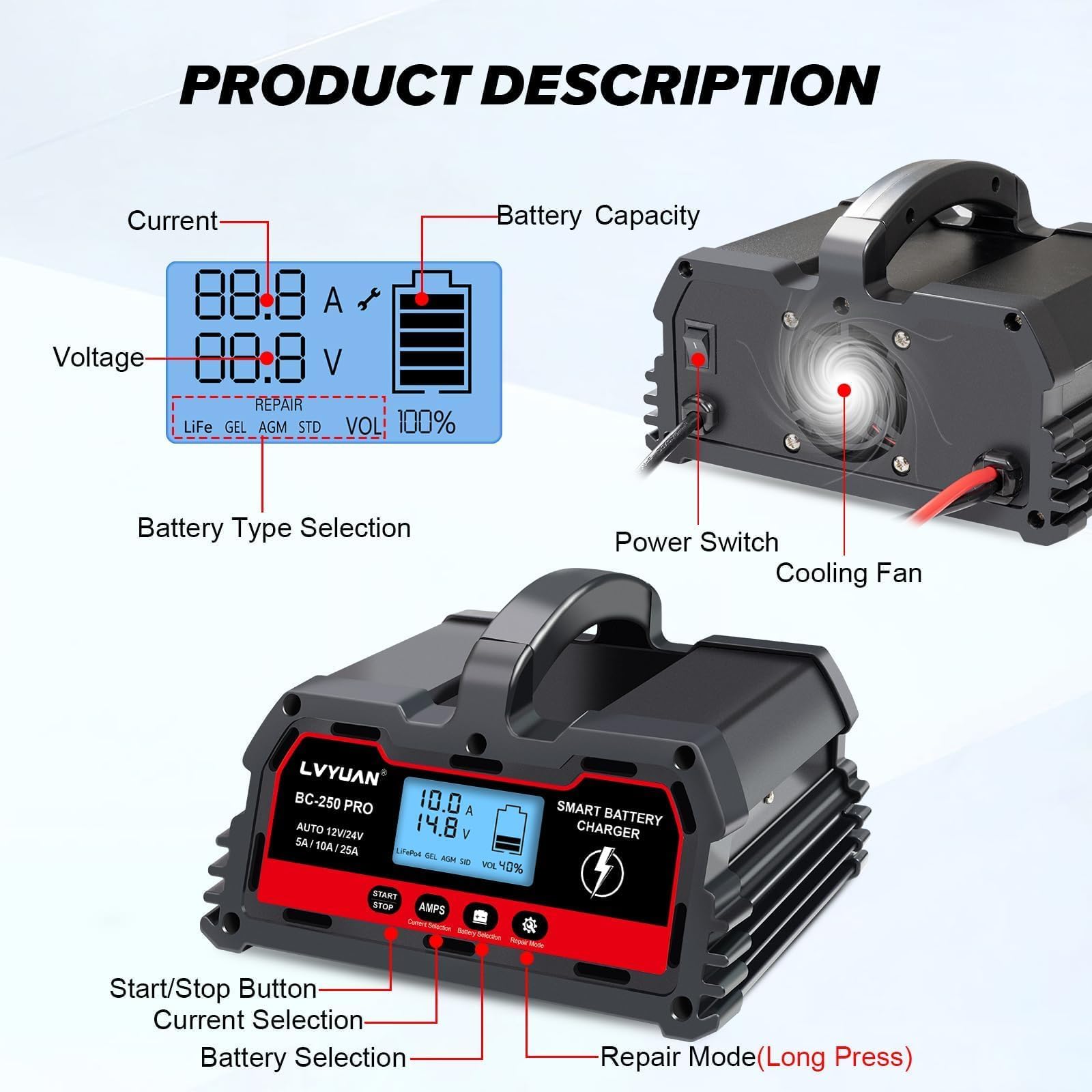 LVYUAN 12V/24V Car Battery Charger with Trickle Charger Automotive Smart Battery Charger, Smart Battery Maintainer, 5A/10A/30A for Car Truck Motorcycle LiFePO4 Lithium and Lead Acid Batteries (Grey)