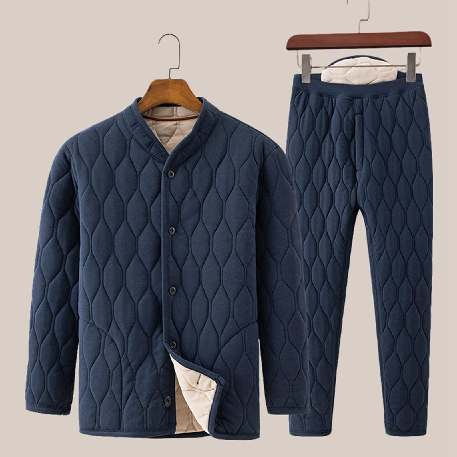 Generisch Vestito termico in flanella invernale con calda giacca imbottita e pantaloni per uomini anziani, abbigliamento casual comodo