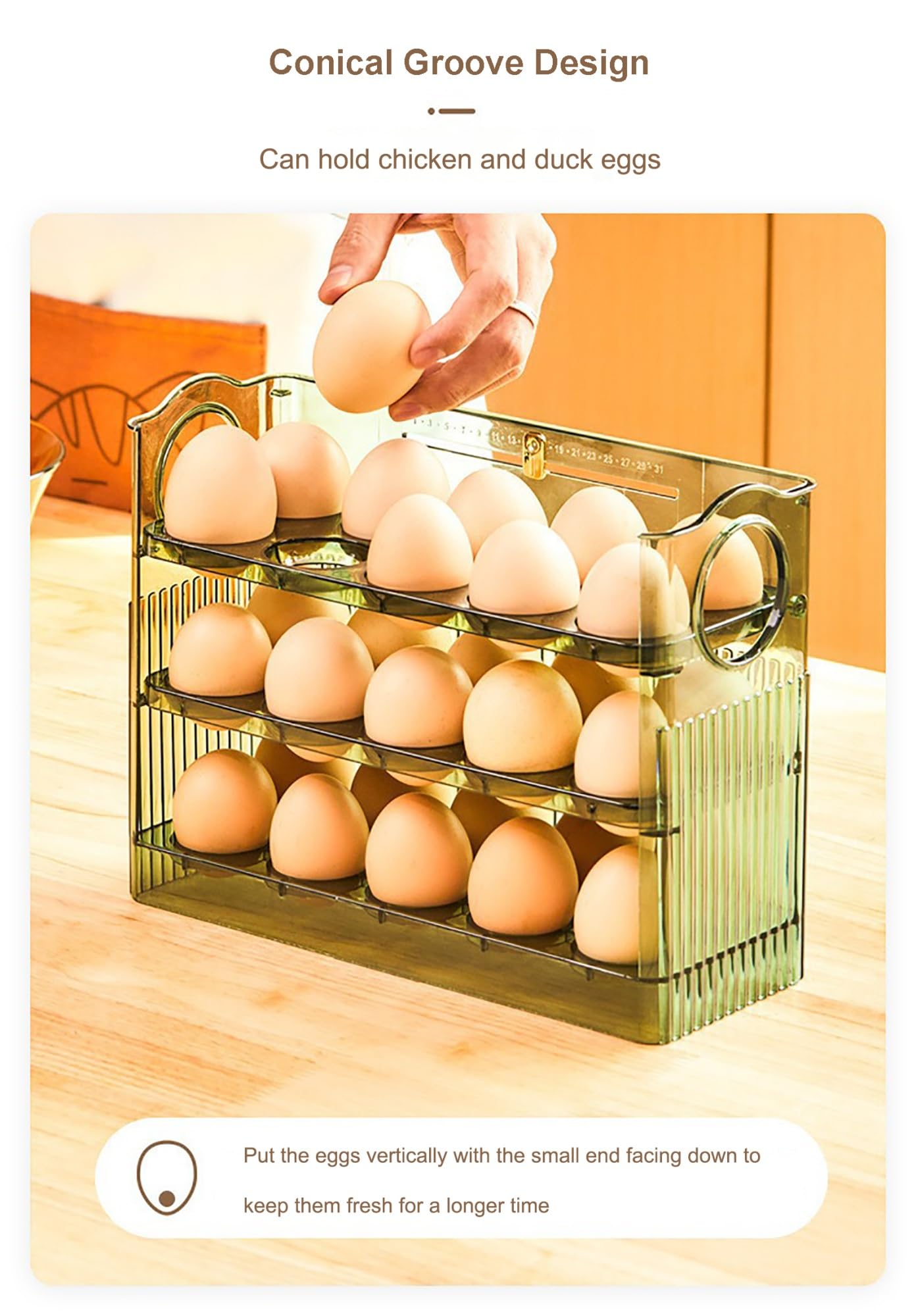 Bandeja for huevos con tapa de 3 for frigorífico, organizador de huevos de polipropileno, caja de almacenamiento de huevos for frigorífico, dispensador de huevos con escala de tiempo(Clear)