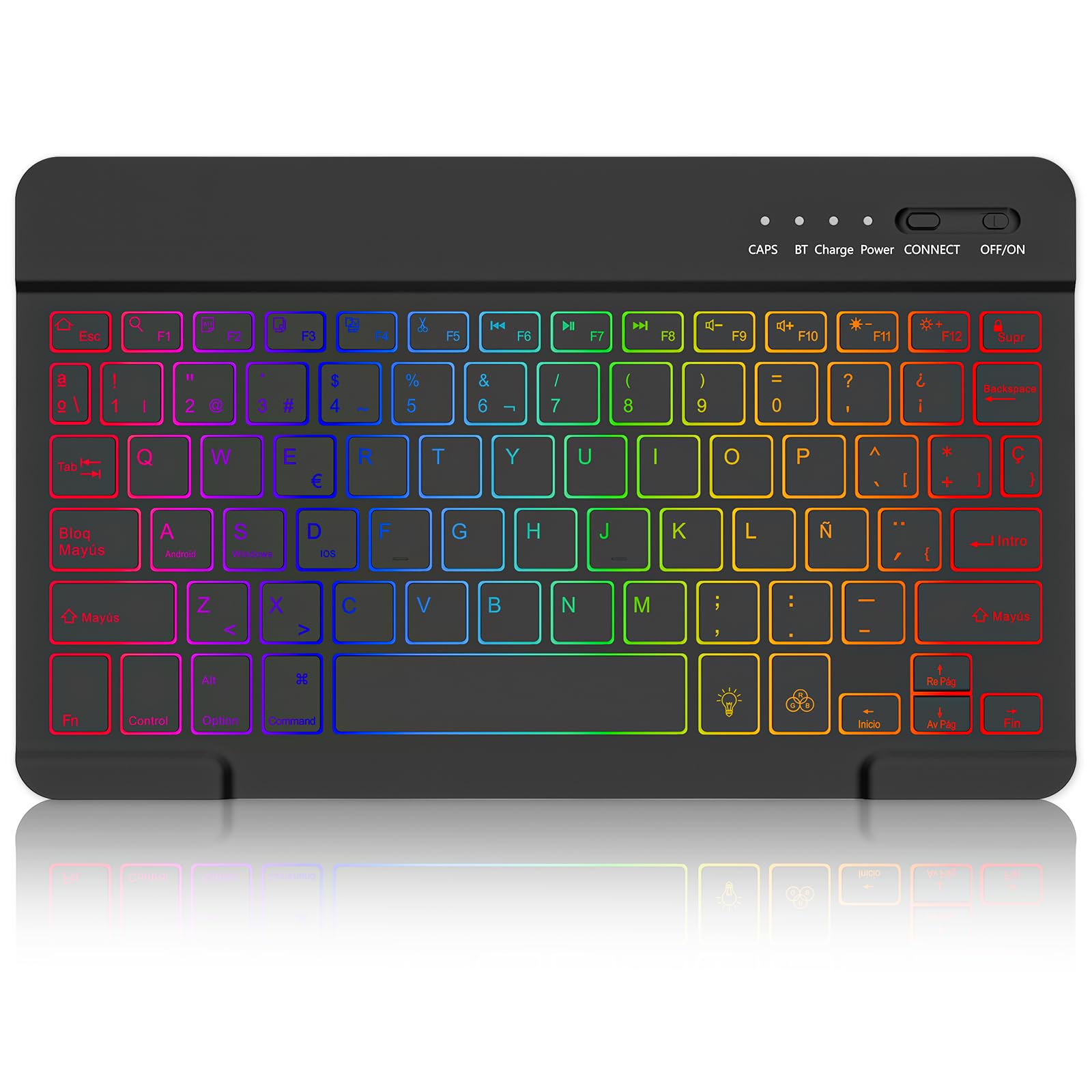 MMK Teclado inalámbrico Bluetooth para iOS, Android and Windows, Español Ñ | Teclas Silenciosas, Retroiluminado de 7 Colores Bluetooth Teclado para iPad, iPhone, Samsung, Lenovo, Huawei y más, Negro Global Recycled Standard Global Recycled Standard Global Recycled Standard