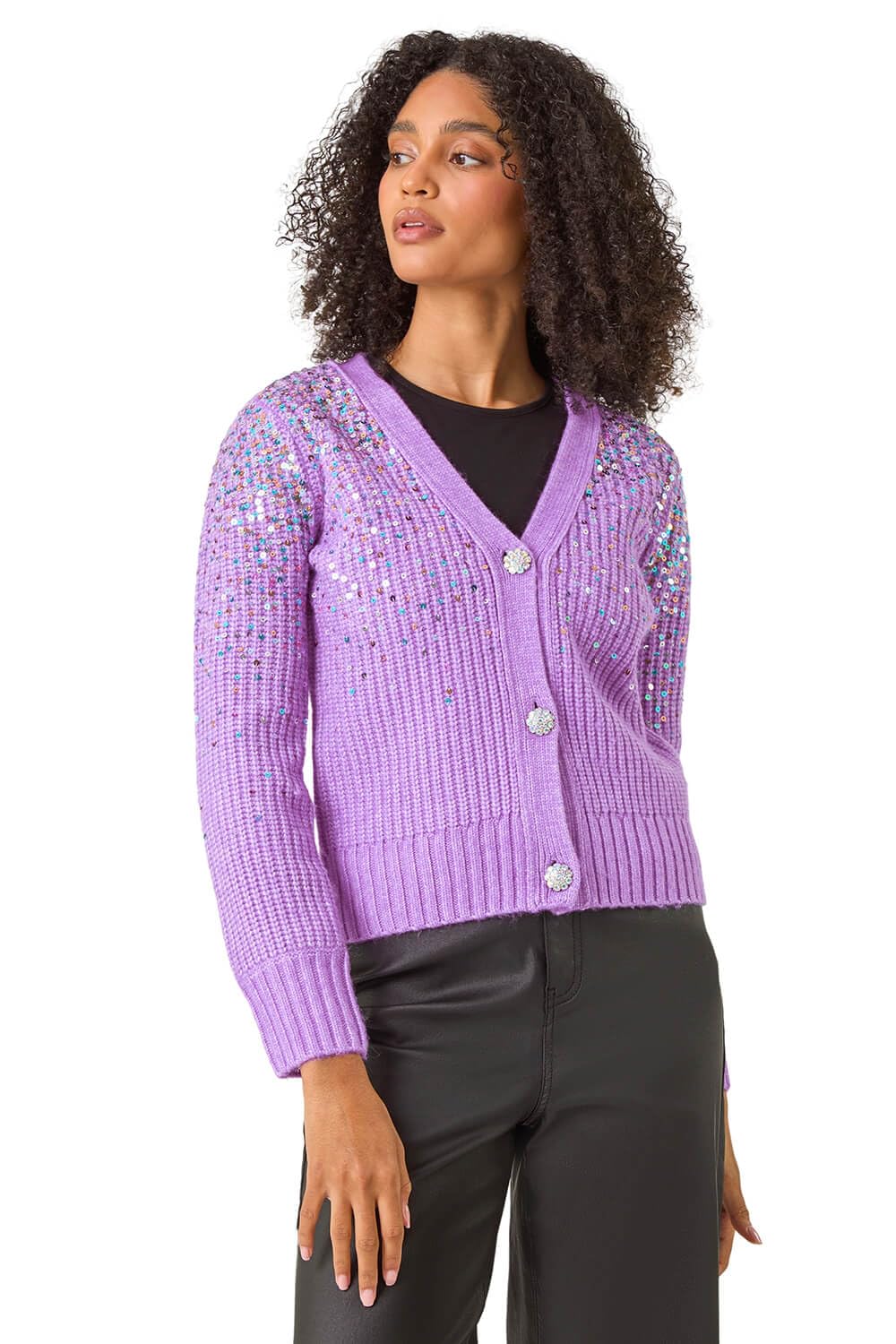 Roman Originals Women's Lilac Sequin Knit Buttoned Cardigan For Uk - Everyday Autumn Winter V-Neckline Comfy Soft Evening Vacation Work Party Night Out - Small