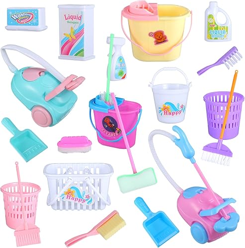 22 piezas de cubo en miniatura, suministros de limpieza para tareas domésticas, mini accesorios para casa de muñecas, fregona, cepillo, escoba,
