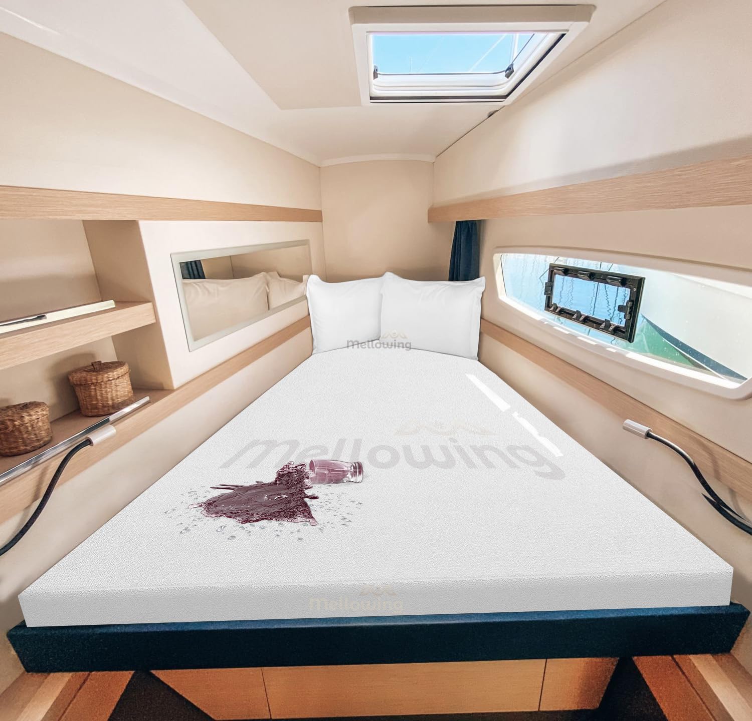 Mellowing V Berth Mattress Protector White Color Fits 6-8" inch Deep Pocket - 100% Waterproof V Berth Mattress Protector Pad Cover - Fitted Style Ultra Soft Terry Cotton Easily Washable