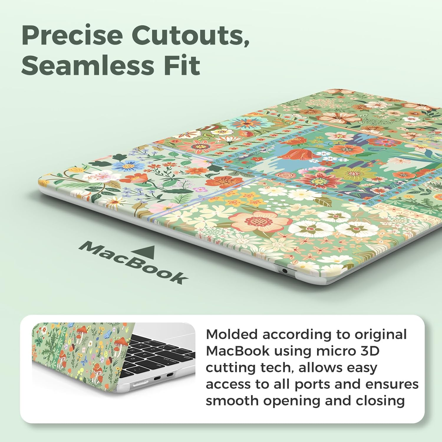 iCasso for MacBook Air 13.6 inch Case 2026 2025 2024-2022 Release M4 M3 M2 Model A3240 A3113 A2681, Flower Pattern Sturdy Protective Hard Shell Case Cover for Mac Book Air 13 inch, Green - Image 5