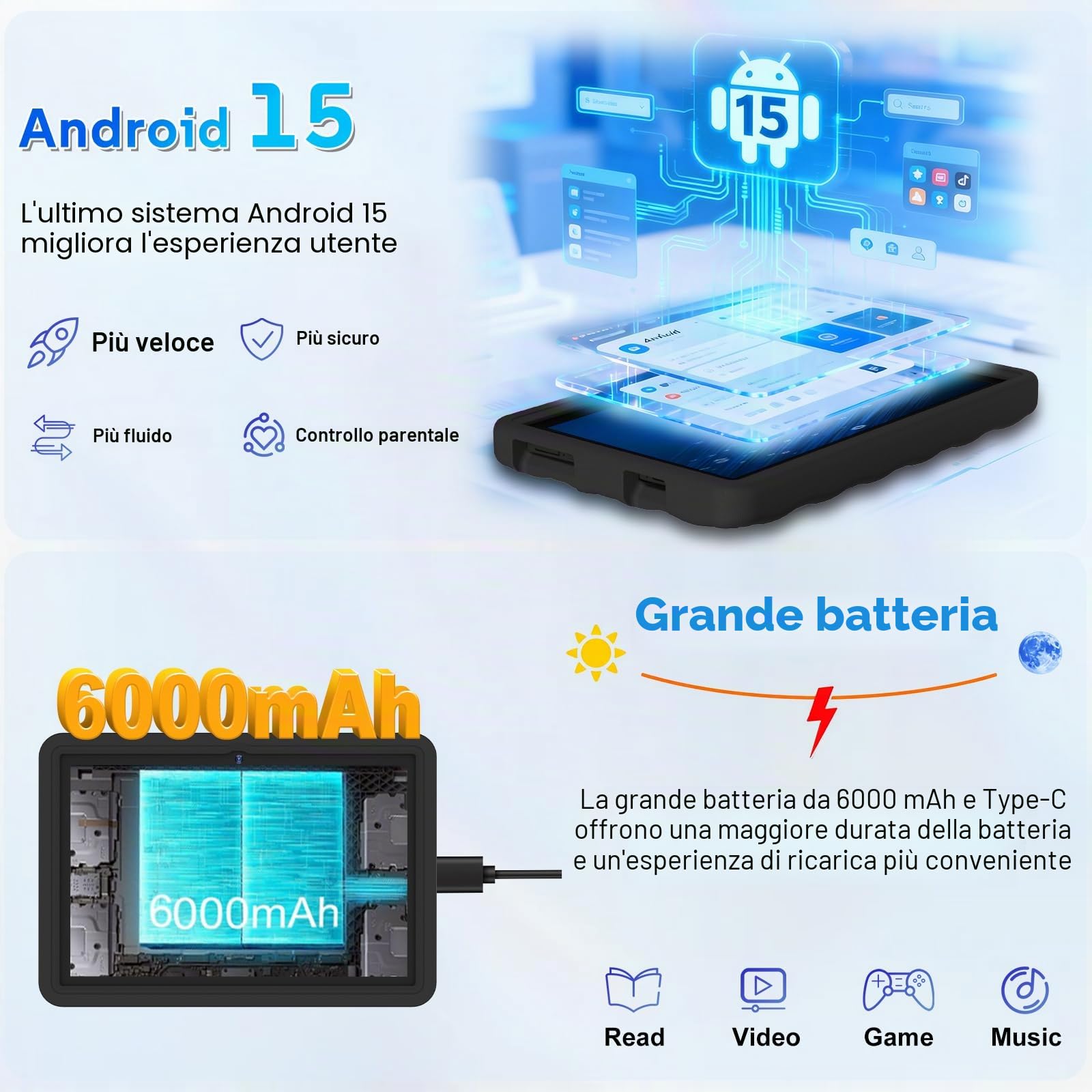 DMOAO Tablet Bambini 10 Pollici Android 15 con 30GB RAM, 5G Wi-Fi 6, 64GB ROM(2TB), Control Parental, Octa-Core, 8MP+5MP, 6000mAh, Custodia Protettiva EVA + Supporto Girevole a 360°, Nero
