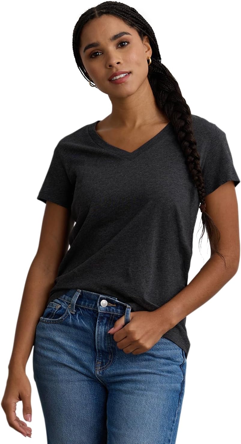Fair Indigo Women's 100% Organic Pima Cotton Relaxed Short Sleeve V-Neck T-Shirt