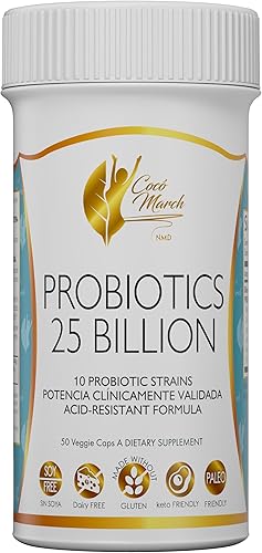 Coco March Probiotic 25 mil millones - 10 cepas probióticas, fórmula resistente a los ácidos de alta potencia para adultos y niños, sin gluten, sin