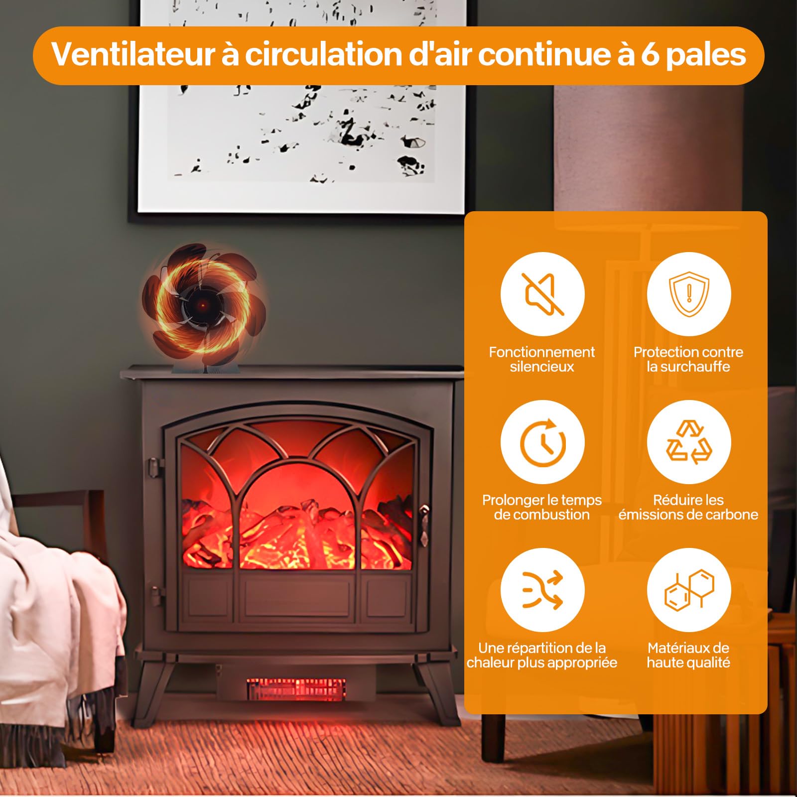 Ventilateur de Cheminée Thermodynamique, Économiseur d'Énergie avec Thermomètre, Diffusion de Chaleur Homogène pour Poêle à Bois, Cheminée, Sans Électricité Ni Piles