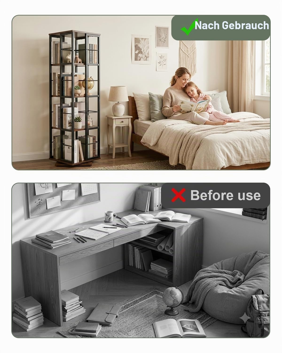 Drehbares Bücherregal 360 Grad, Drehregal Standregal mit 4 Ebenen, Rotating Bookshelf Platzsparend, Bodenstehendes Bücherschrank Holz, Drehregal Bücher für Wohnzimmer, Schlafzimmer, Büro (Schwarz)