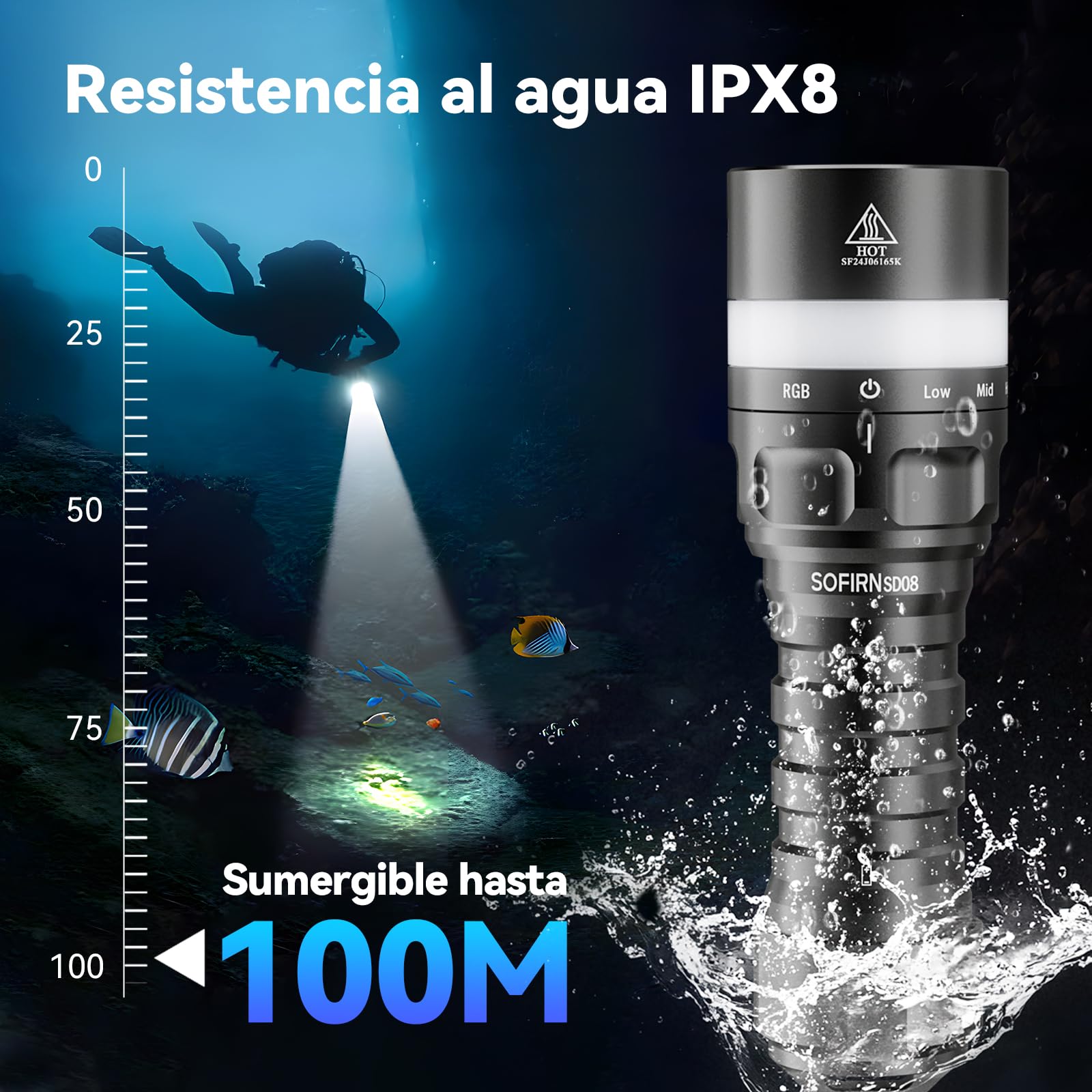 Sofirn SD08 - Lámpara de buceo LED recargable, 3200 lúmenes, muy brillante, con anillo de posición LED, 4 modos, IPX8, resistente al agua para buceo nocturno, fotografía subacuática y uso diario