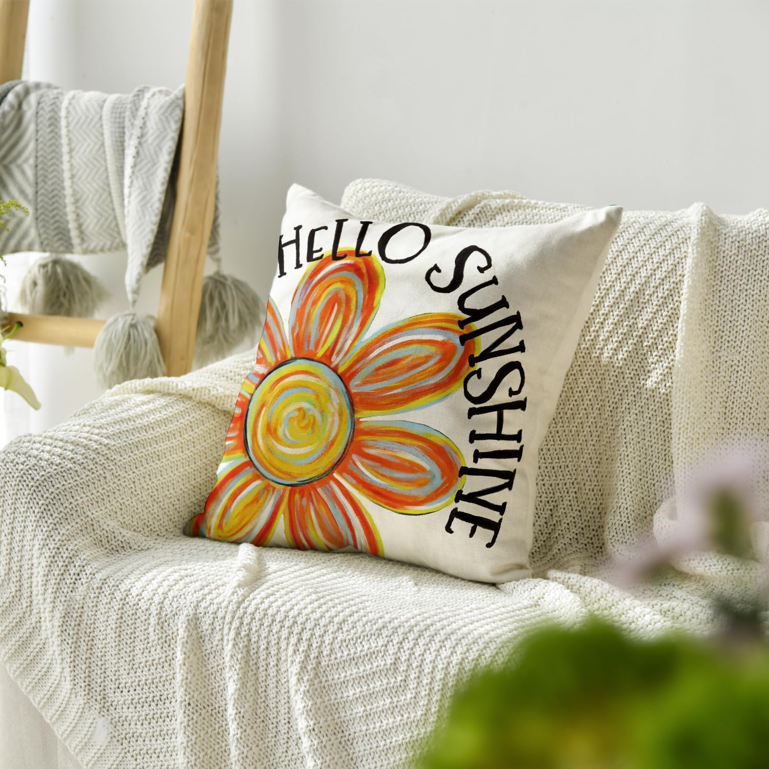 Hello Sunshine Floral Throw Pillow Cover, ,Cushion Case Decoration for Sofa Couch Holiday Seasonal Home Decor