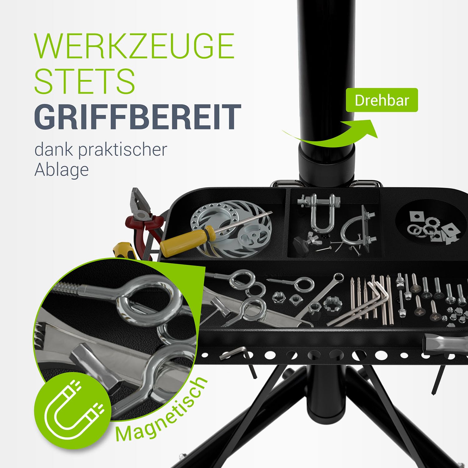 Juskys Fahrrad Reparaturständer, bis 50 kg für E-Bike, klappbar & höhenverstellbar, Klemmkopf 360° drehbar, Gummibeschichtung & Werkzeugablage, Schwerlast Fahrradständer für 24 bis 29 Zoll Fährräder