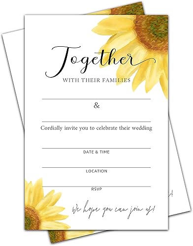 009TOGETHER - Tarjetas de invitación de boda con sobres, relleno de girasol, tarjetas de invitación para despedida de soltera en blanco, suministros