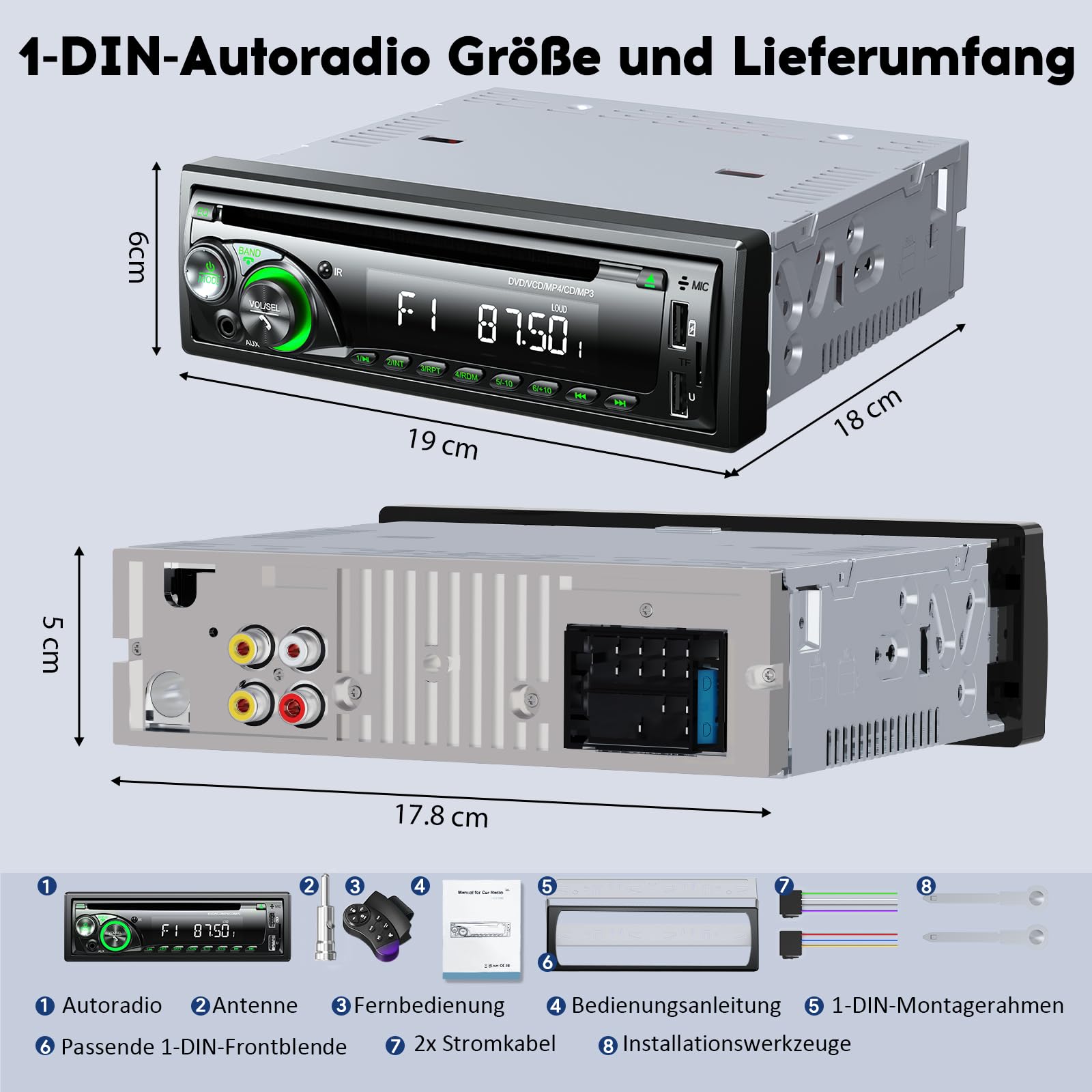 9-24V Autoradio mit CD DVD Player und Bluetooth Freisprecheinrichtung,RDS 1DIN Autoradio 7 Farben MP3 Player FM/AM Radio mit 2 USB SD/AUX/Lenkradfernbedienung