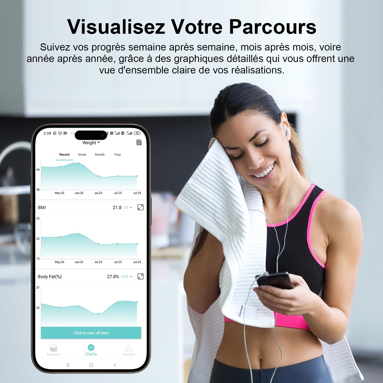 Balance Connectée Pèse Personne Impédancemètre 8 Electrodes Haute Précision Composition Corporelle 18 Données Écran LED