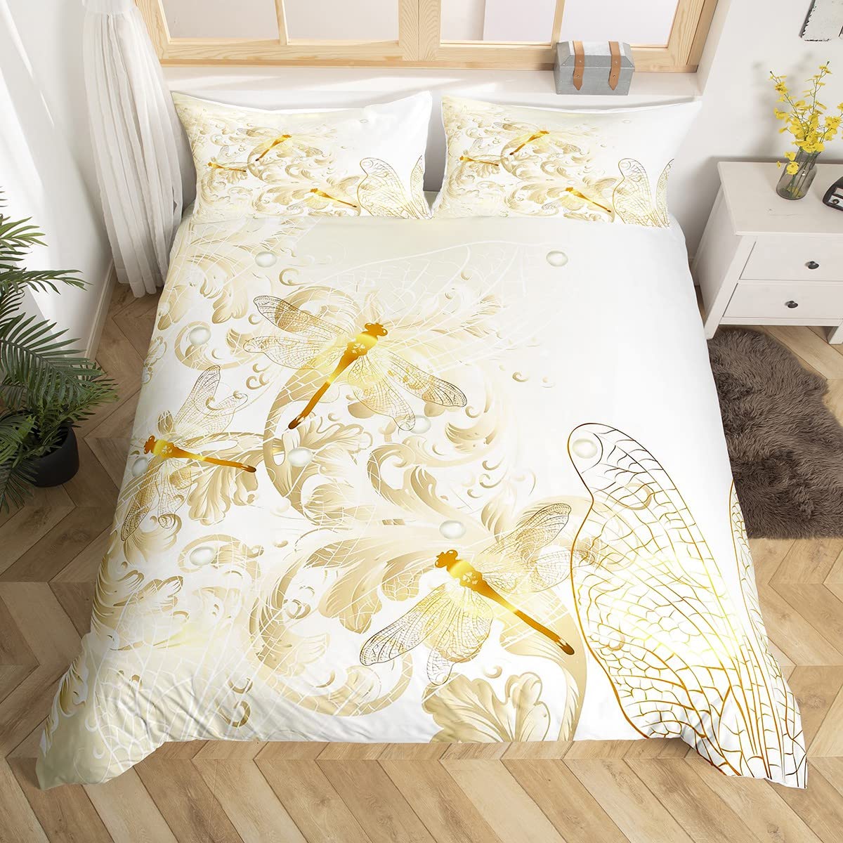 Housse de couette libellule dorée 3 pièces chambre lit double volant