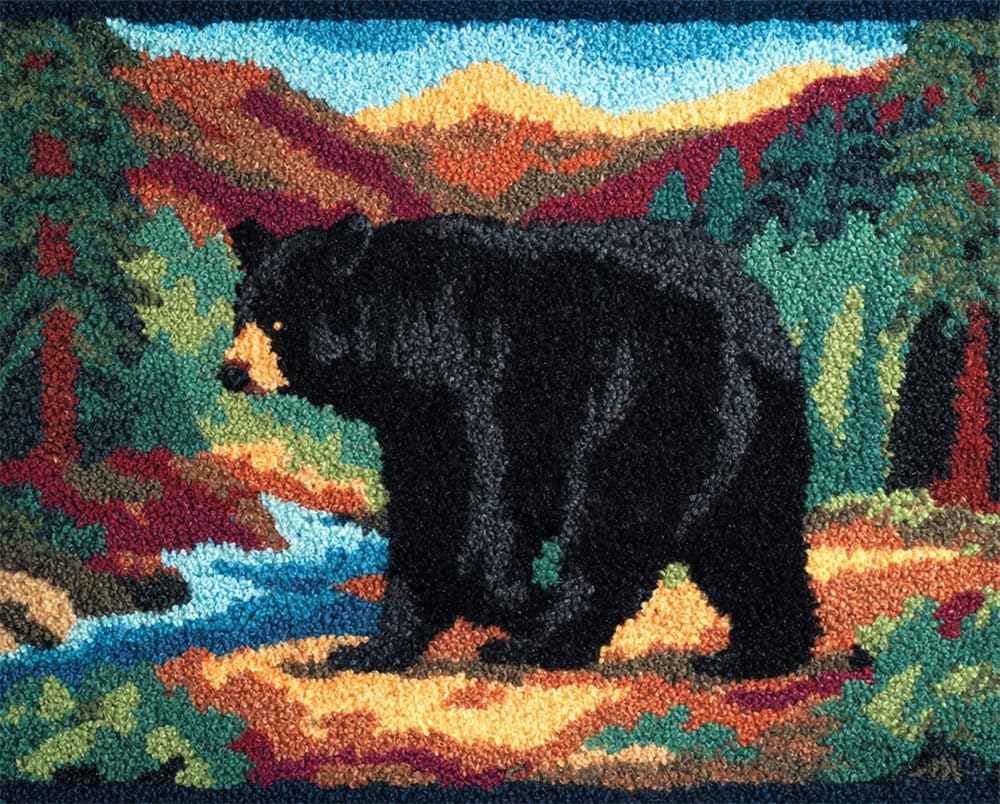 Kitquiver Latch Hook Rug Kits for Adults Beginners,Black Bear On A Black Mountain,DIY Craft Doormat Carpet Making Kit Tapestry Gift Home Decorations 35X46In