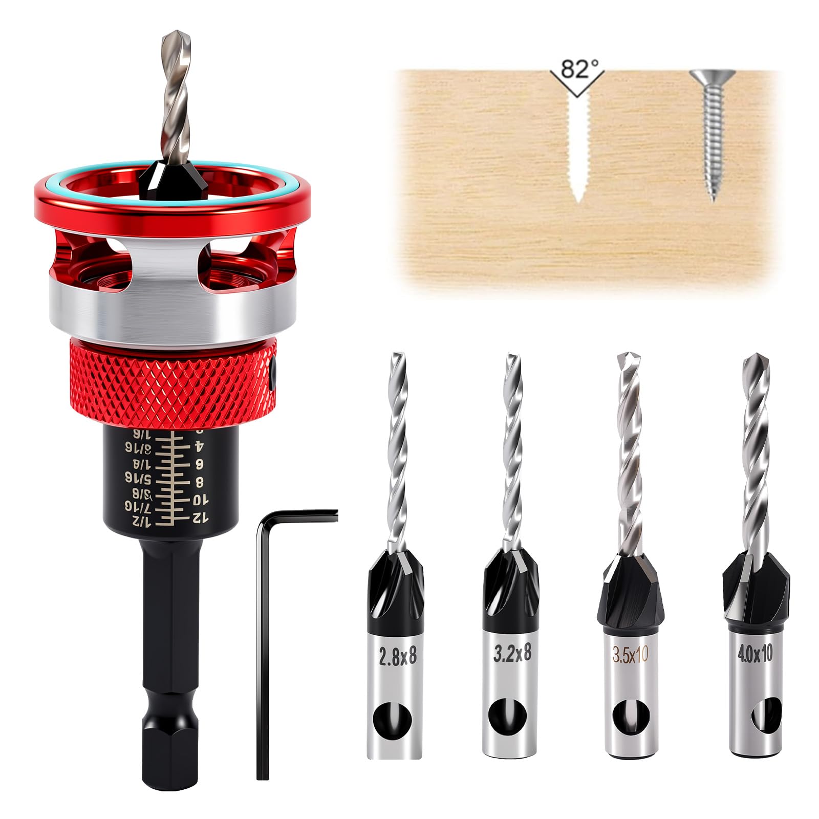 Brocas Avellanadoras, Taladro Avellanador, Fresa para Madera, Broca de Fresada con Tope de Profundidad Ajustable de Aluminio con Varilla Hexagonal de 1/5 Cabeza