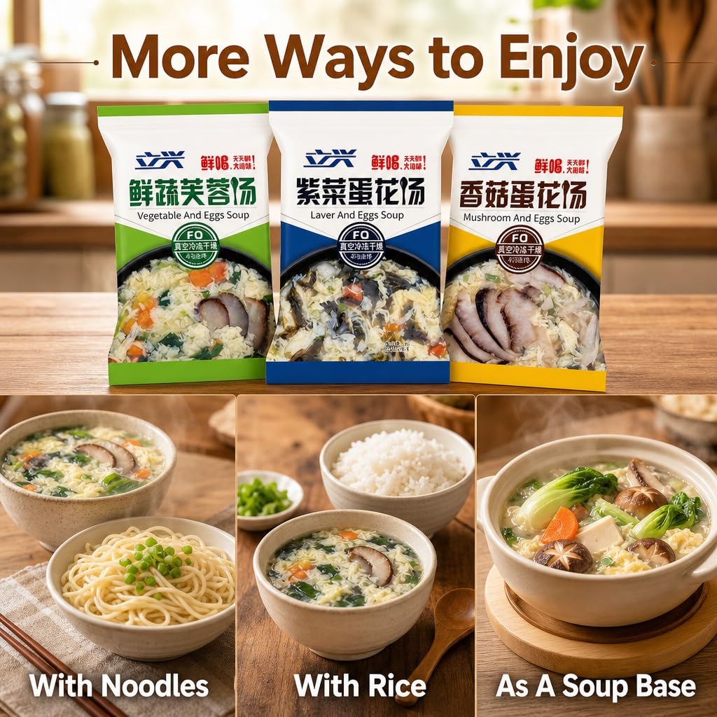 Paquete De 30 Mezclas Sopa Instantánea: Huevo Verduras, Algas Y Champiñones, Liofilizado, Fácil Preparación, 3 Sabores