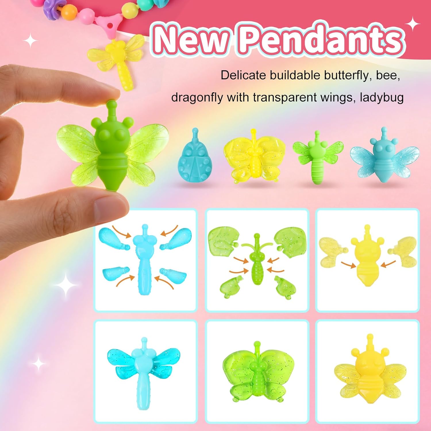 Snap Pop Beads Jewelry Kit for Girls – 350PCS Insect DIY Bracelet Making Toy with Butterfly, Ladybug, Dragonfly – No Mess Craft Birthday Gift Age 4–8 – Crafts Kits with Storage Box