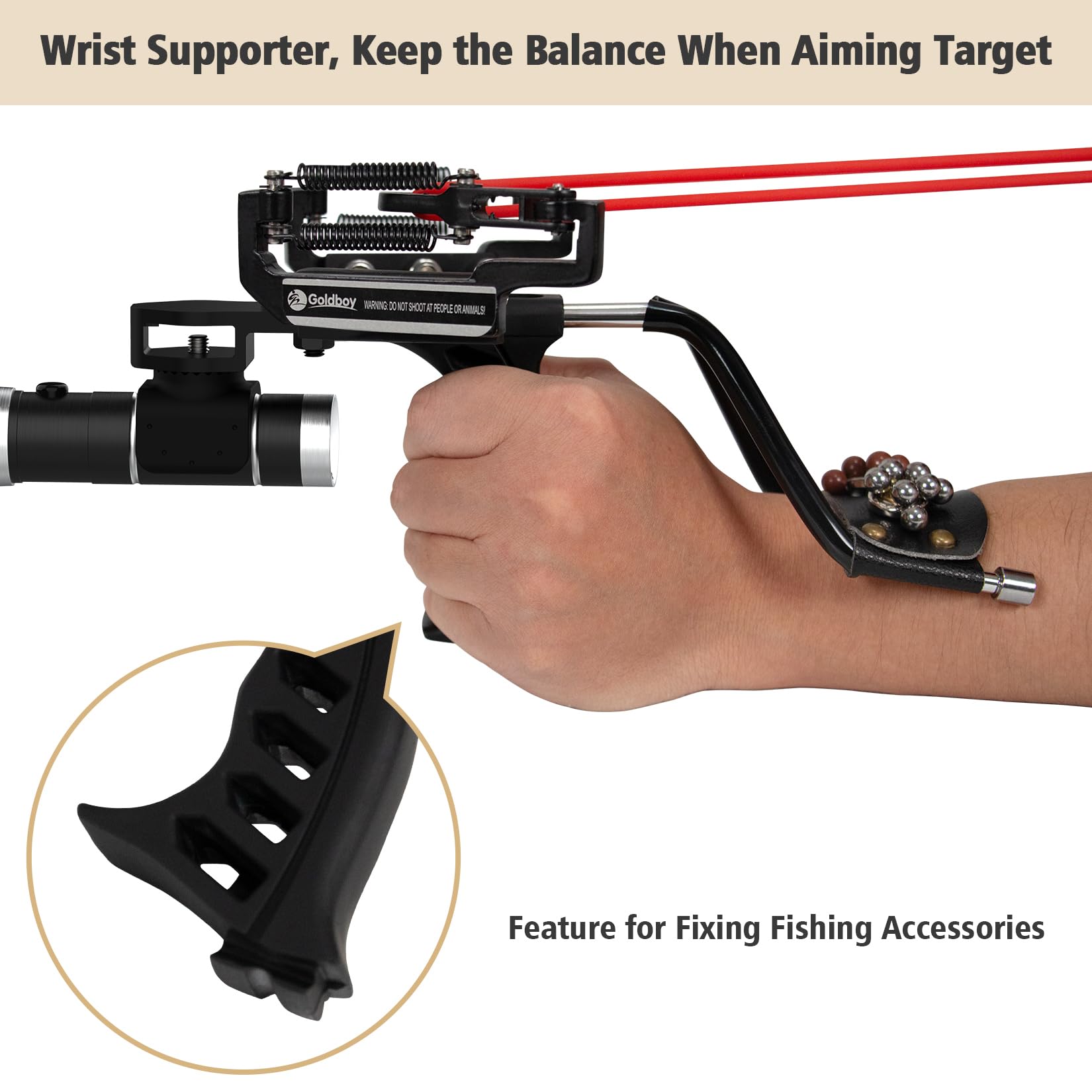 Goldboy Slingshot with Red Beam Sight, Wrist Rocket with Flashlight, Hunting Slingshot 4 Rubber Bands 220 Ammo Adults Black