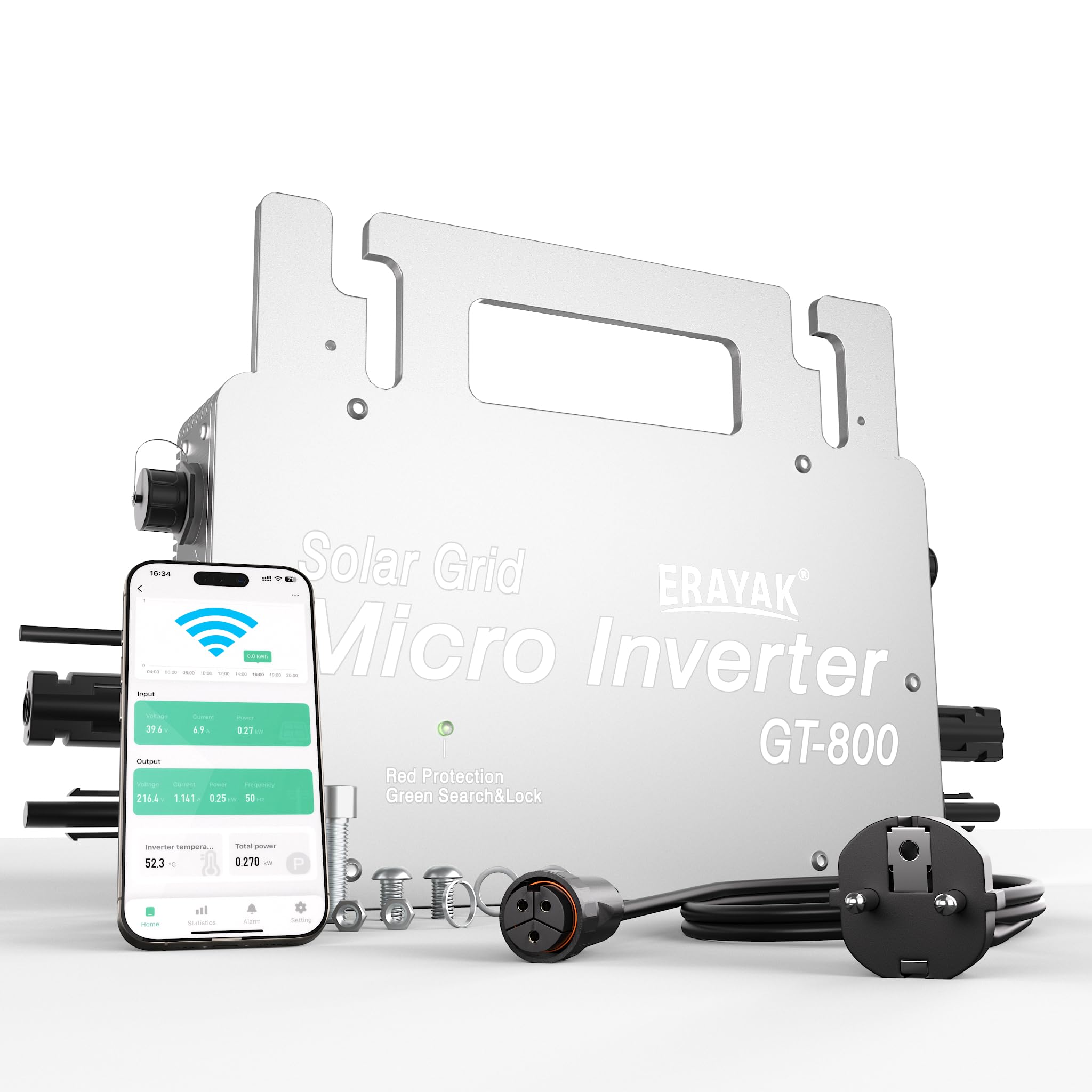 Erayak GT-800 Micro Onduleur 800W Onduleur Solaire Intelligent WiFi pour système Solaire sur Balcon, onduleur PV pour 2 Panneaux solaires, étanchéité IP66, Commande Via l’appli, MPPT intégré (GT800)