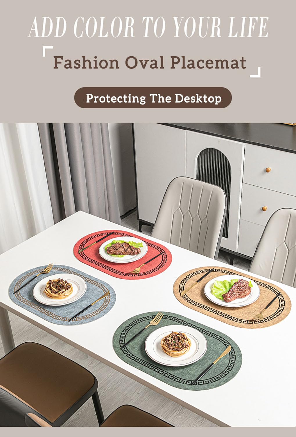 Juego de 6 manteles individuales de cuero y posavasos resistentes al calor, impermeables, a prueba de aceite, lavables para mesa de comedor, decoración de fiestas, cocina, restaurante (estampados)