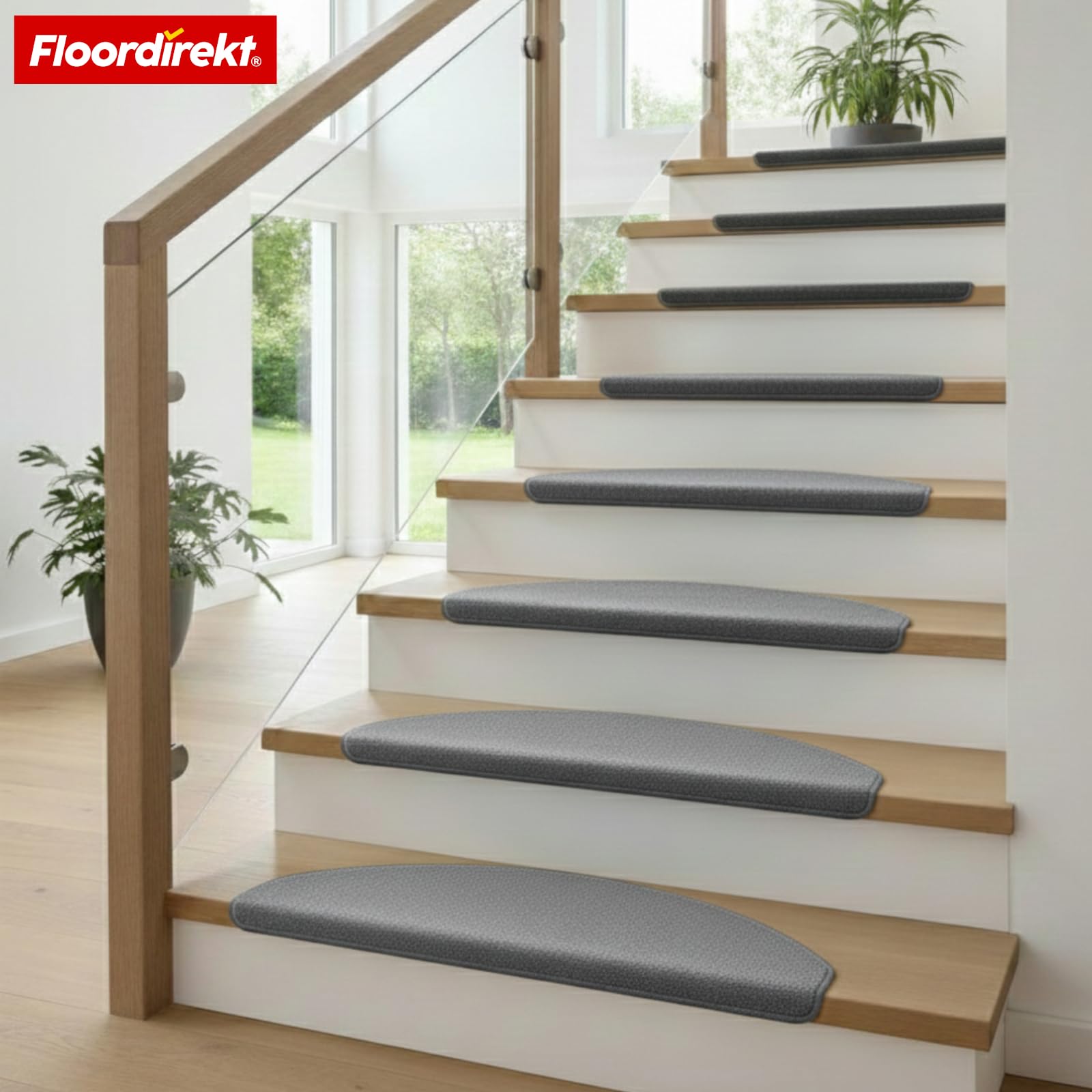 Floordirekt Treppenstufen Matten Wien Silbergrau – 1 Stück, halbrund 25×65 cm – rutschfest & selbstklebend – Treppenteppich Schutzmatten für sicheren Tritt