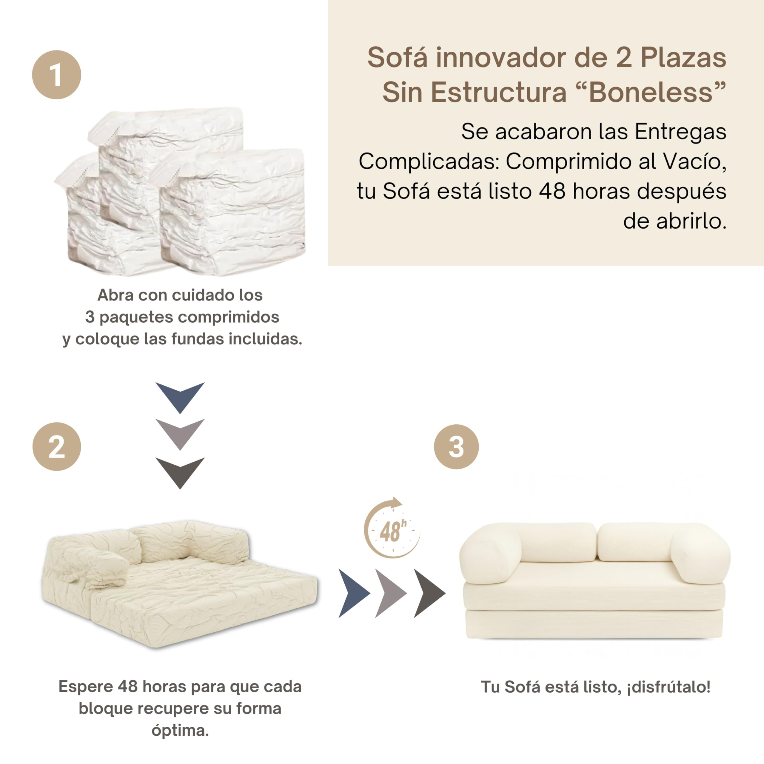 bananair - Sofá Cama de 2 Plazas Fabricado en Francia - Sofá Modular de Espuma de Alta Densidad y Tejido de Pana - Diseño Innovador Boneless, Enviado Comprimido (Beige)