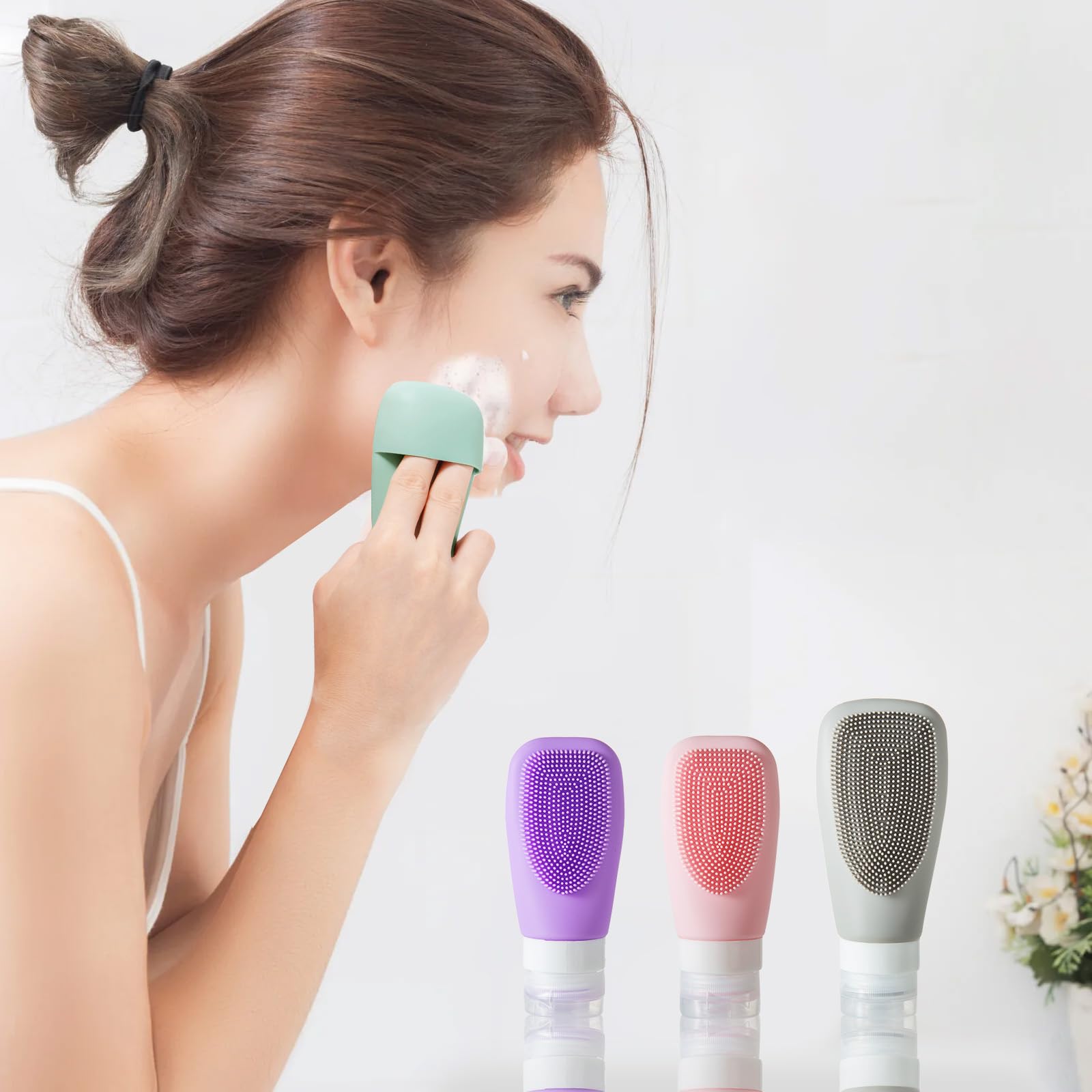 Reiseflaschen-Set, Silikon-Reiseflaschen, auslaufsicher, quetschbar, nachfüllbar, Zubehör, 60 ml, für Toilettenartikel für Shampoo, einfach zu drücken, tragbare Reiseutensilien mit Gesichtsbürste, 11