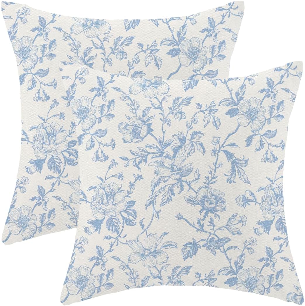 Baby Blue Pillow Covers 20x20 Inch Vintage Blue Floral Throw Pillow Covers Set of 2 Chinoiserie Farmhouse Flowers Pillow Cases Outdoor Decor for Living Room Bedroom Linen Square Cushion