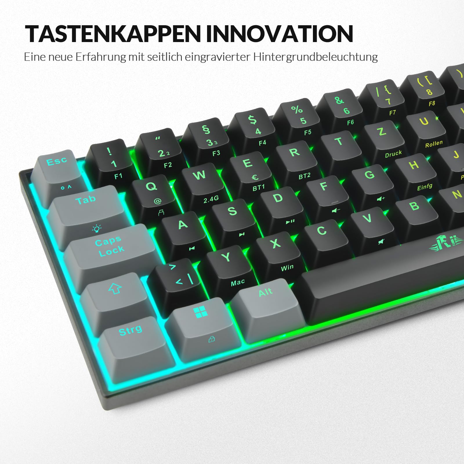 Rii Mechanisch toetsenbord, draadloos, gaming Bluetooth met RGB, tri-modi gaming toetsenbord QWERTZ (BT5.0 2,4 GHz
