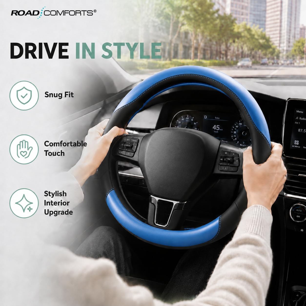 Road Comforts Steering Wheel Cover – Breathable Leather Steering Wheel Cover, Anti-Slip Grip, Universal Fit 14.5” to 15”, Heat & Cold Resistant for Cars, SUVs, and Trucks – Black & Metallic Blue image 4