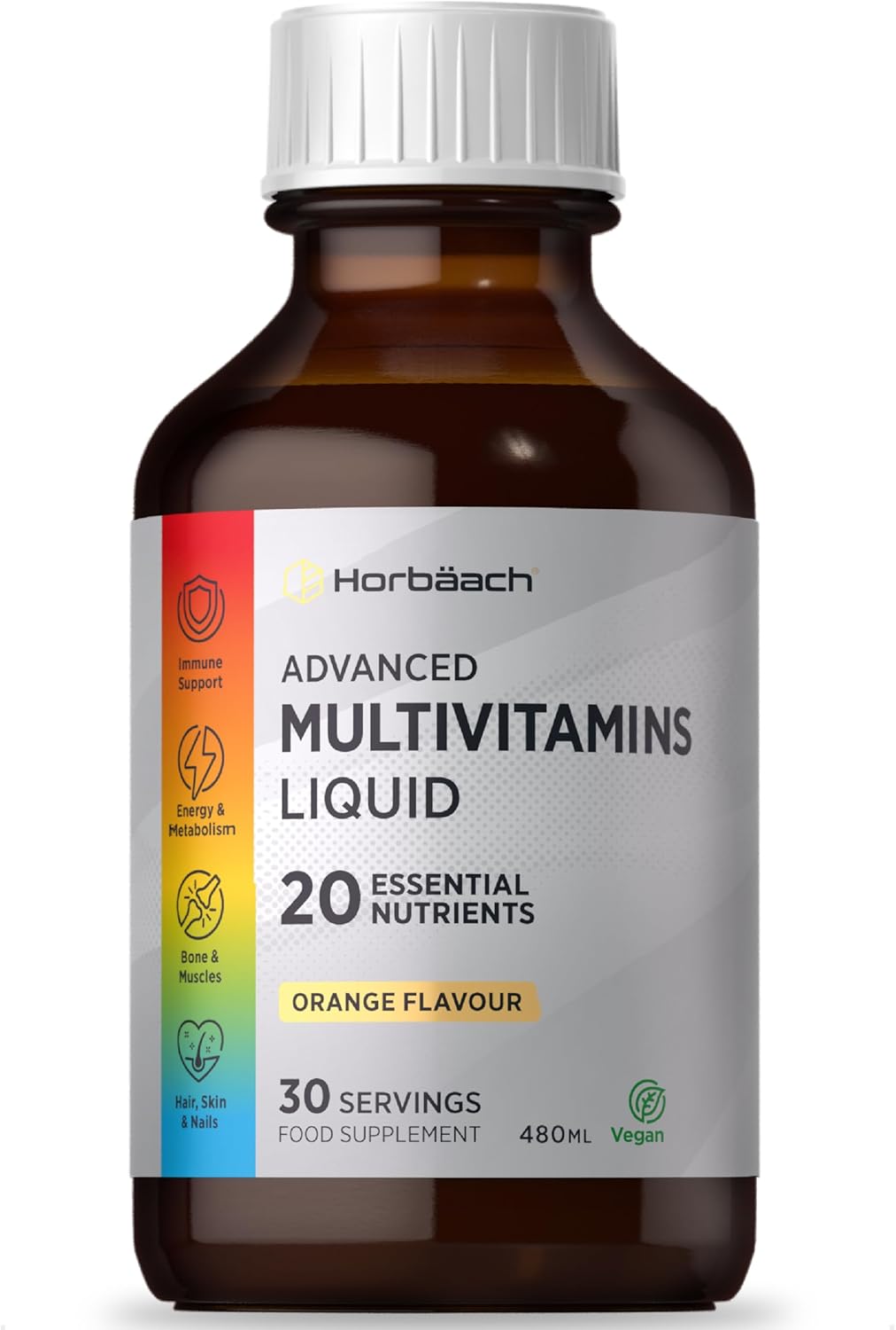 Multivitamin Liquid for Adults | 480mL (30 Servings) | Orange Flavour | 20 Essential Nutrients for Overall Wellness | Vegan Food Supplement | by Horbaach