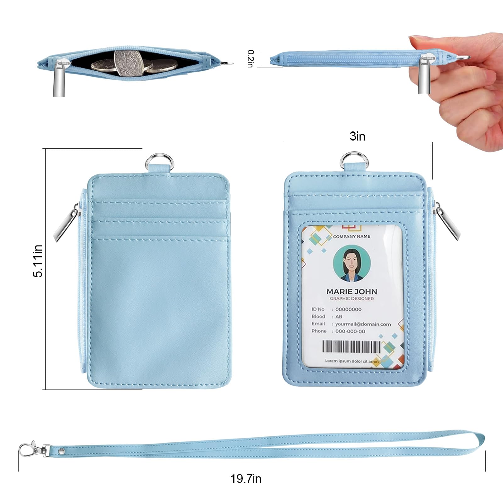 bolimoss Etui na identyfikator i portfel ze smyczą 2 w 1, etui na karty kredytowe z odrywaną smyczą na szyję, skórzany identyfikator z 5 przegródkami na karty, portfele na zamek błyskawiczny, do