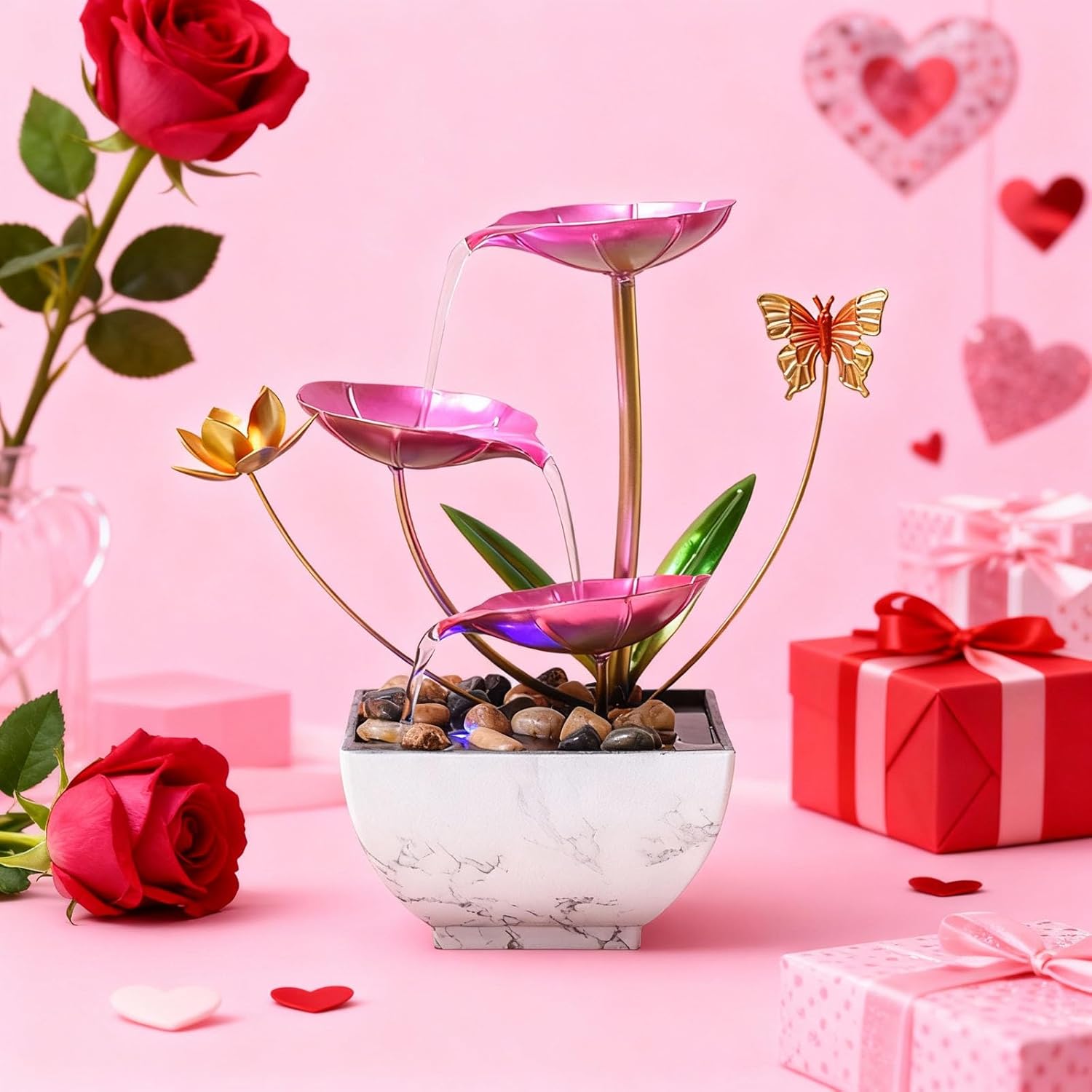 QINGYINGGE Pink LED Tabletop Waterfall Fountain - Zen Spring Desktop Decor with Soothing Sounds for Office Relaxation