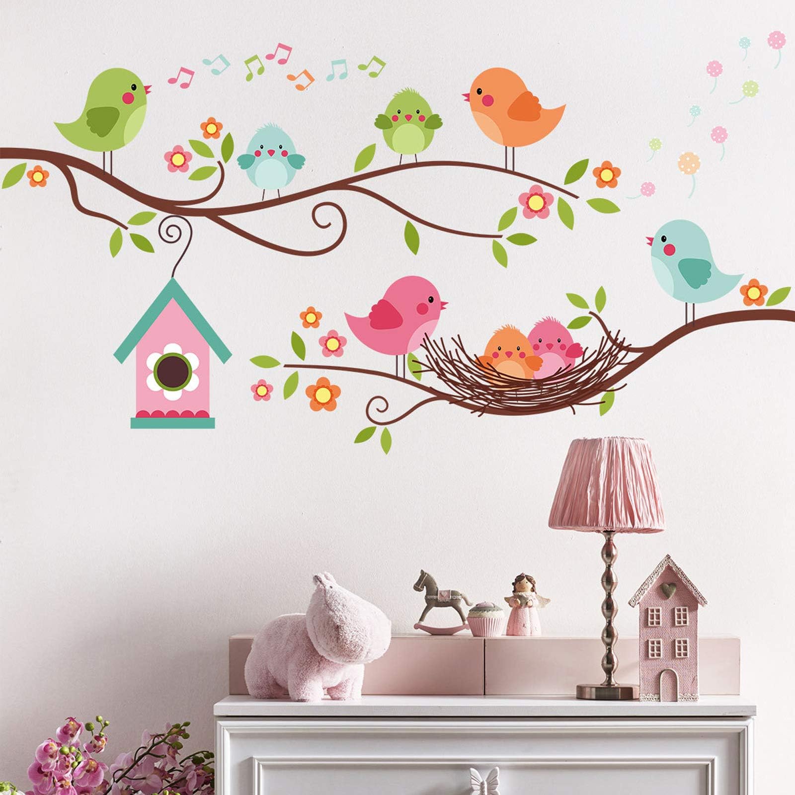 Robin Bird and Tree Branch Wall Stickers, Colorful Cute Cartoon Lovely Birds Singing On The Branch with Flowers Wall Decal, DILIBRA Removable DIY Mural Decorations for Living Room Bedroom Baby Room