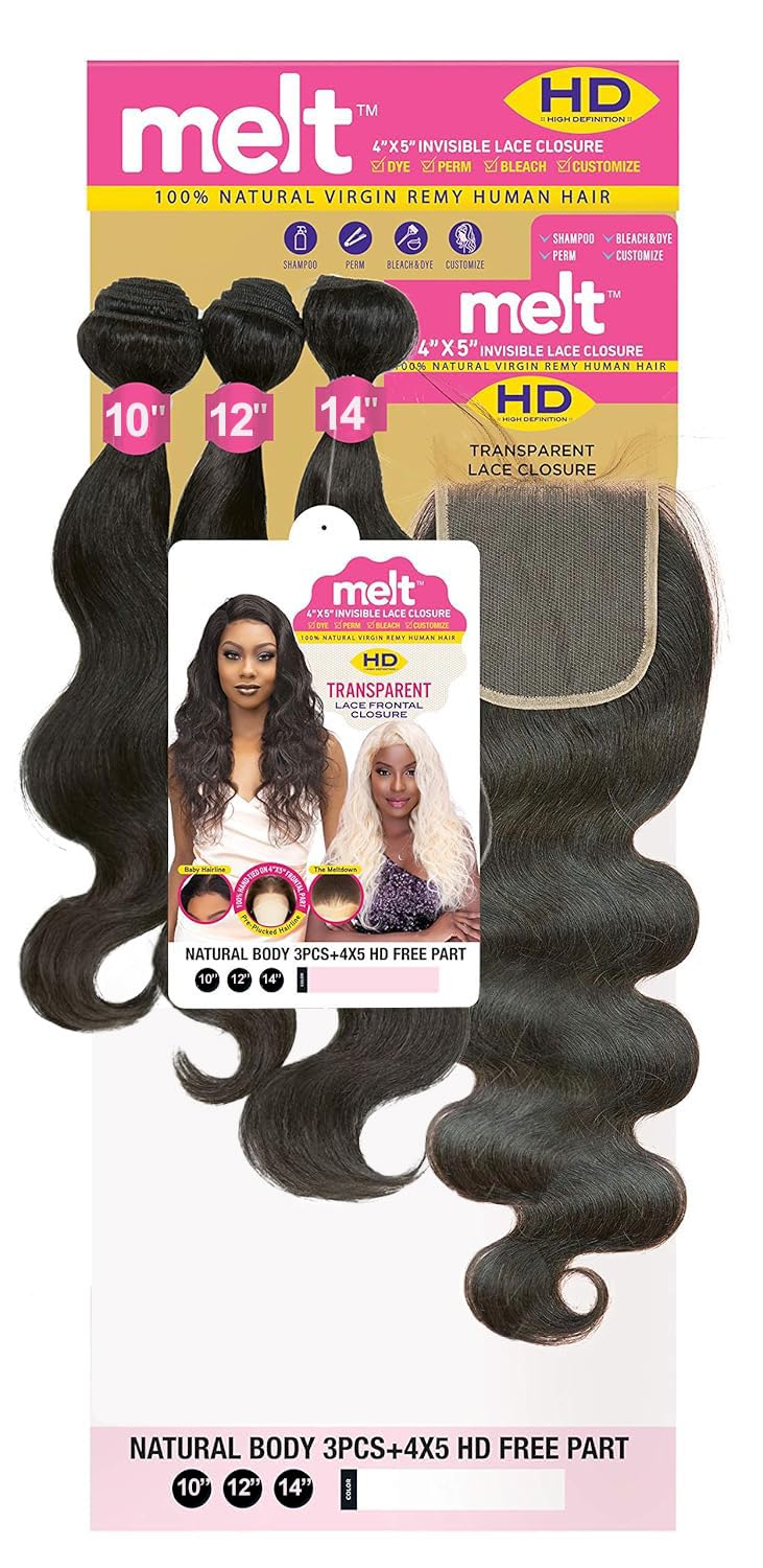 Janet Collection Melt HD Transparent 4"x5" Invisible Lace Closure with 3 Bundles – Natural BODY(12", 14", 16:”) – 100% Natural Virgin Remy Human Hair (COLOR: NA