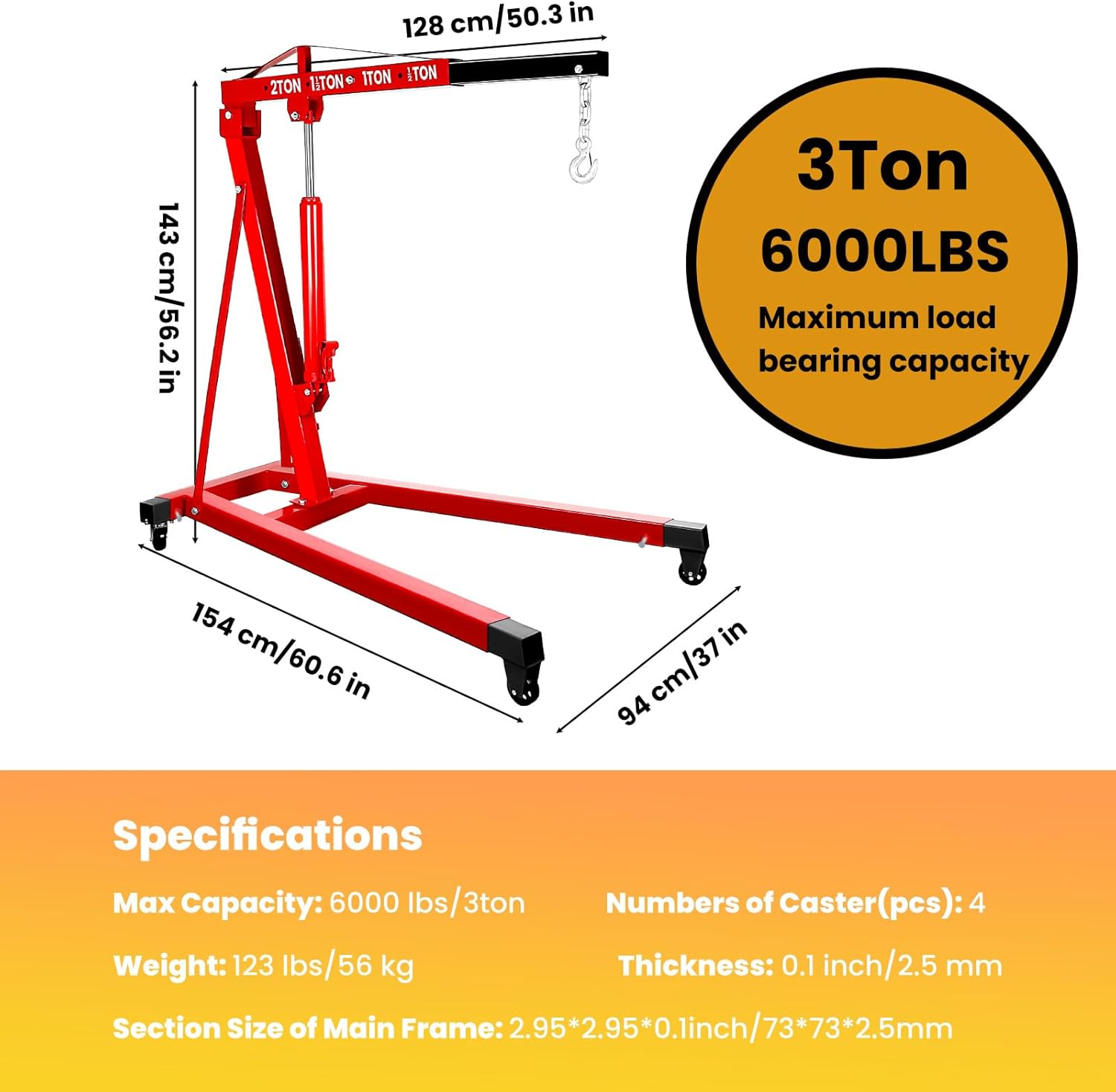 3Ton Engine Hoist Cherry Picker with 8 Ton Hydraulic Pump-6000 lb Heavy Duty Engine Lift Crane 60.6x37x56.2,Non-Folding with 4 Swivel Wheels-for Mechanics and Home Users (2 Ton Red)