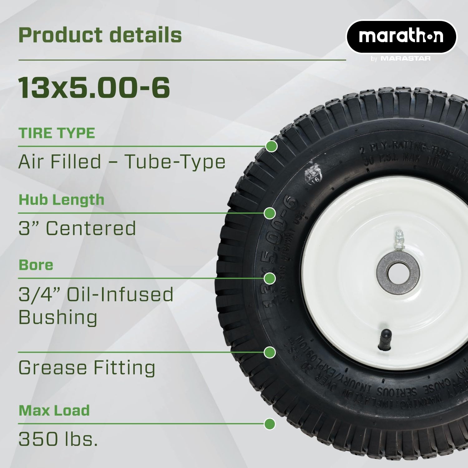 Marathon 20336 Pneumatico per tosaerba (riempito ad aria), 13 x 5 – 15 cm, singolo