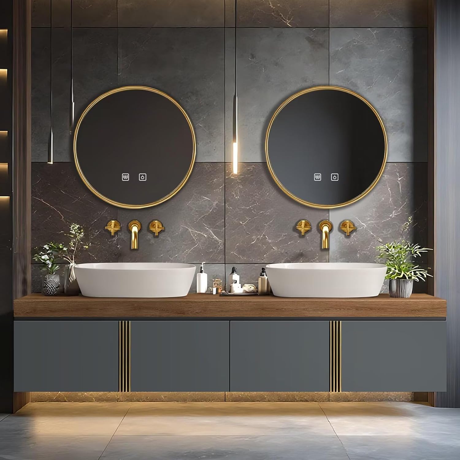 Modern Bathroom Vanity with Sink 72Inch (Solid Wood Storage Cabinet)(Large Countertop) Golden Lines Adorn, Smart Defog Mirror, Grey