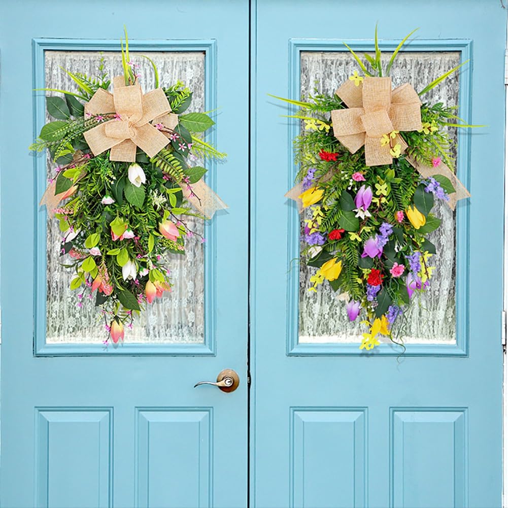 51cm Décoration Noël Teardrop Swag, Guirlande De Noël Artificielle avec Bowknot pour Porte D'entrée, Escalier, Cheminé, Extérieur, Fenêtre(A+B)